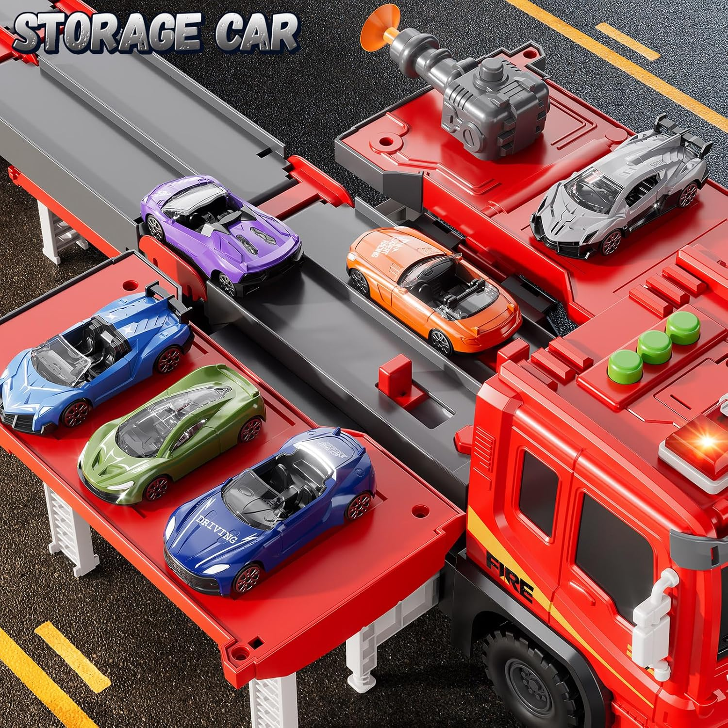 Fire Trucks Toys for Toddlers Ages 3-5, Folded Carrier Truck Race Track with with Lights & Sounds and 6 Racing Car Toys,