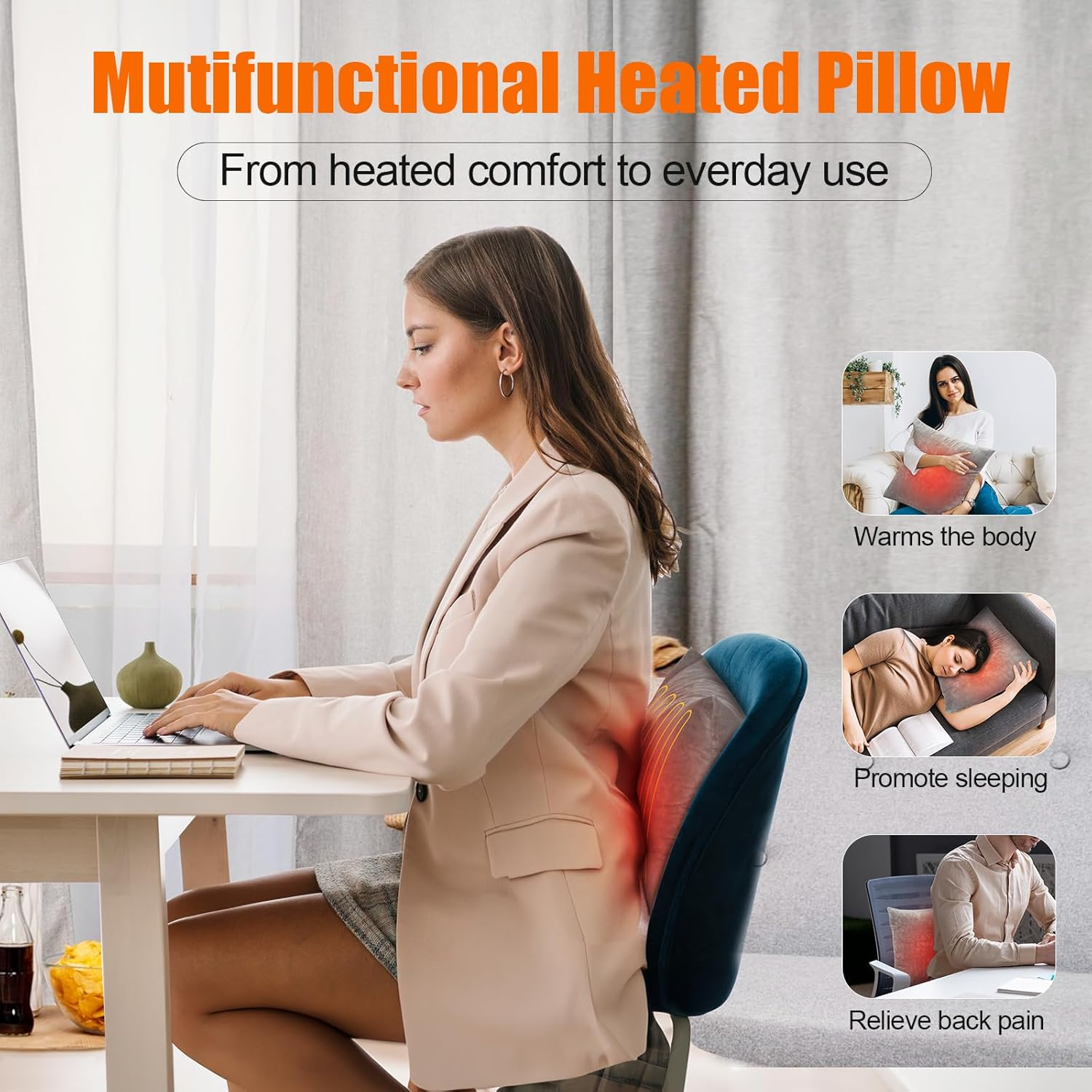 Heated Lumbar Support Pillow - USB Powered Heating Pad for Back Pain Relief, Office Chair & Period Cramps