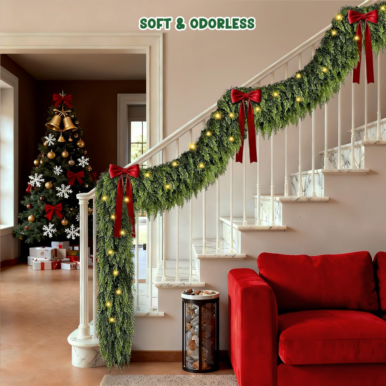 9FT Prelit Cedar Garland - Battery Operated with Warm LED Lights for Indoor/Outdoor