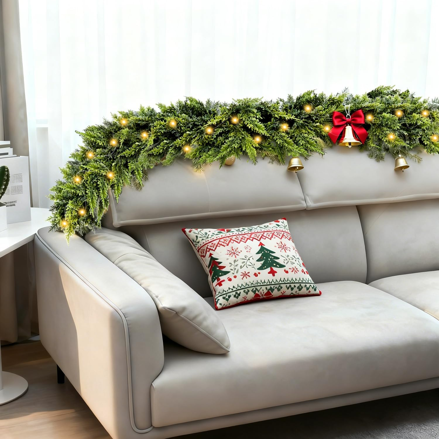 9FT Prelit Cedar Garland - Battery Operated with Warm LED Lights for Indoor/Outdoor