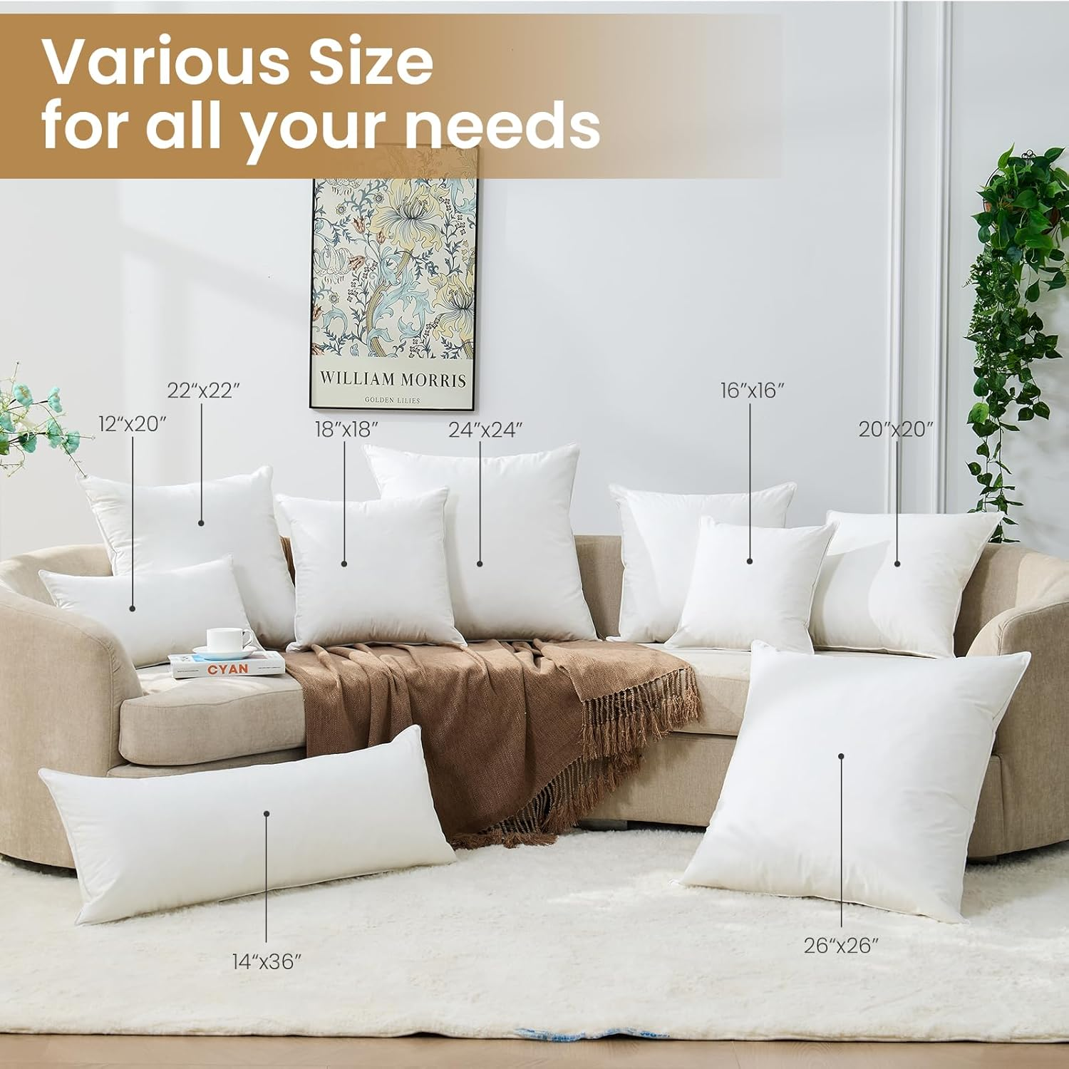 BHZ Euro Throw Pillow Insert 14x36 - Down Feather Alternative Hypoallergenic Pillow for Couch, Bed & Sofa with Cotton Cover