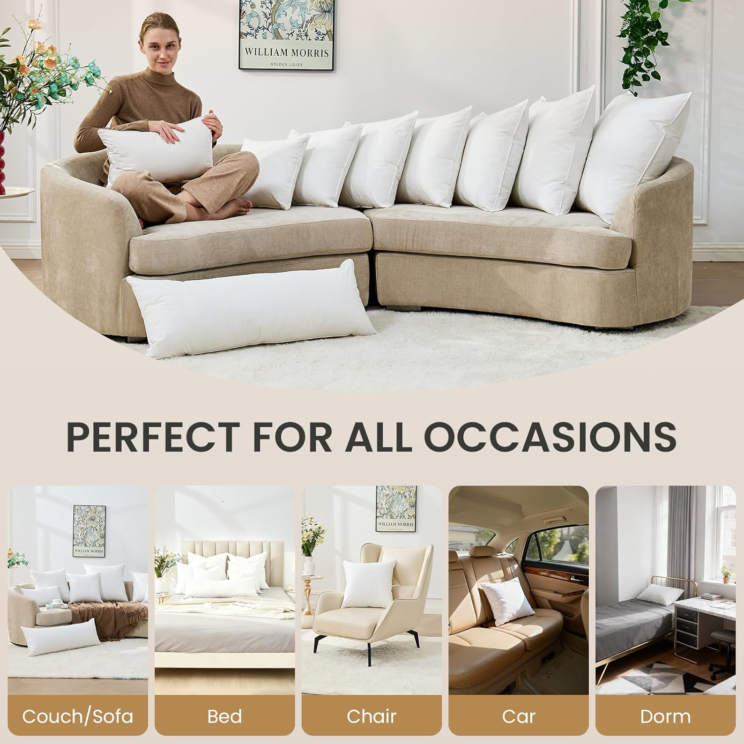 BHZ Euro Throw Pillow Insert 14x36 - Down Feather Alternative Hypoallergenic Pillow for Couch, Bed & Sofa with Cotton Cover