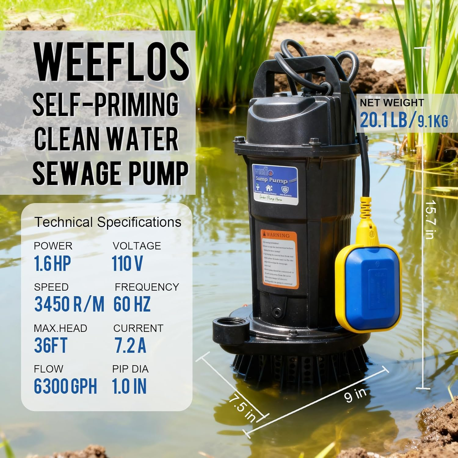 1.6HP Submersible Sump Pump 6300 GPH - Weeflos Heavy Duty Water Removal Pump with Auto Float Switch for Basement Flooding