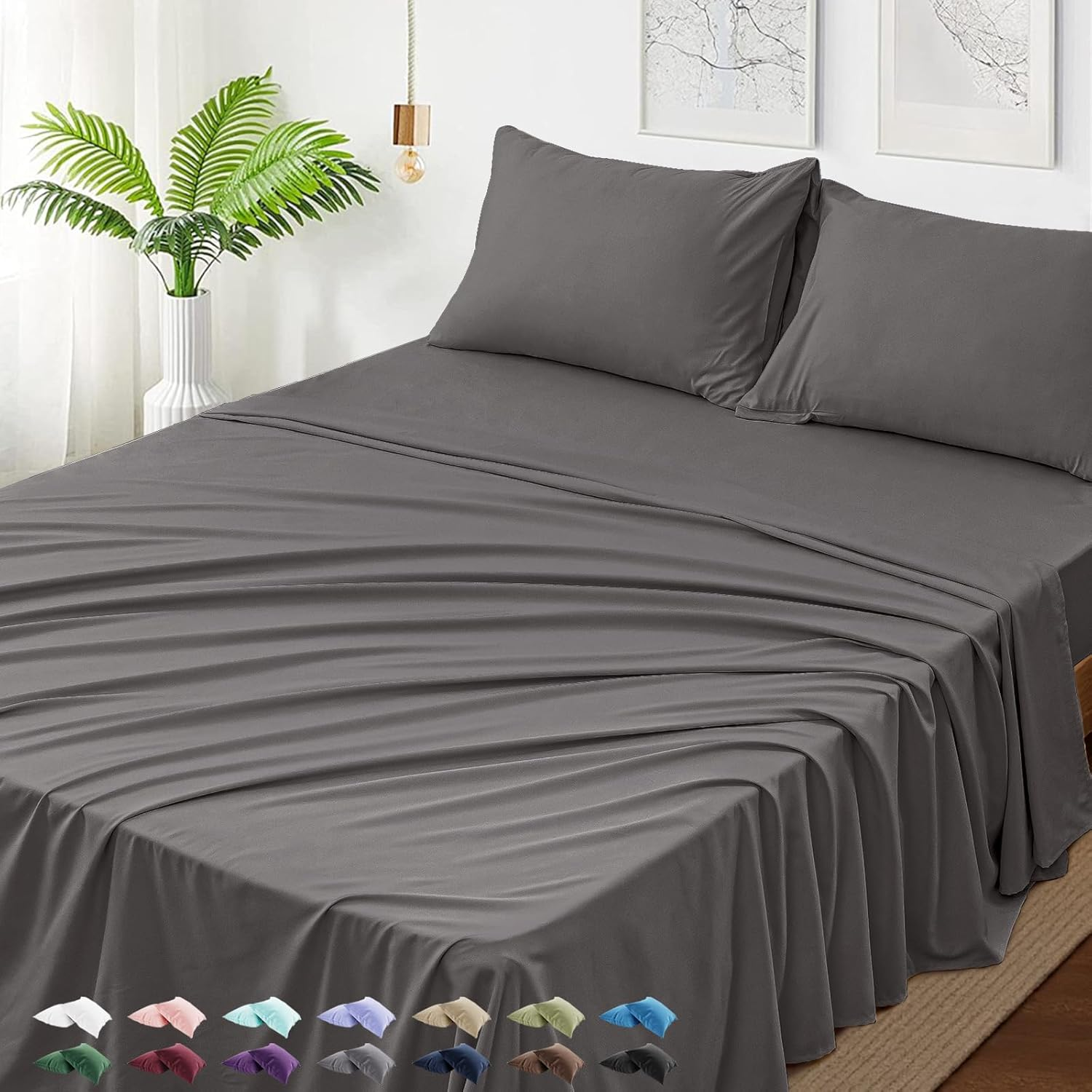 Queen Size Sheet Set 4 Piece - Hotel Luxury Bed Sheets Deep Pocket - Soft Breathable Wrinkle Fade Resistant Bedding - Dark Grey