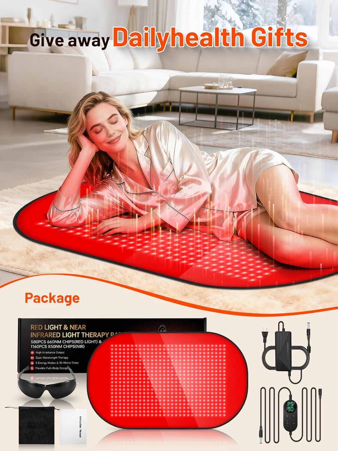 Red Light Therapy Mat 43x26 - 580 LED Near Infrared Pad 660nm 850nm for Full Body Pain Relief & Recovery