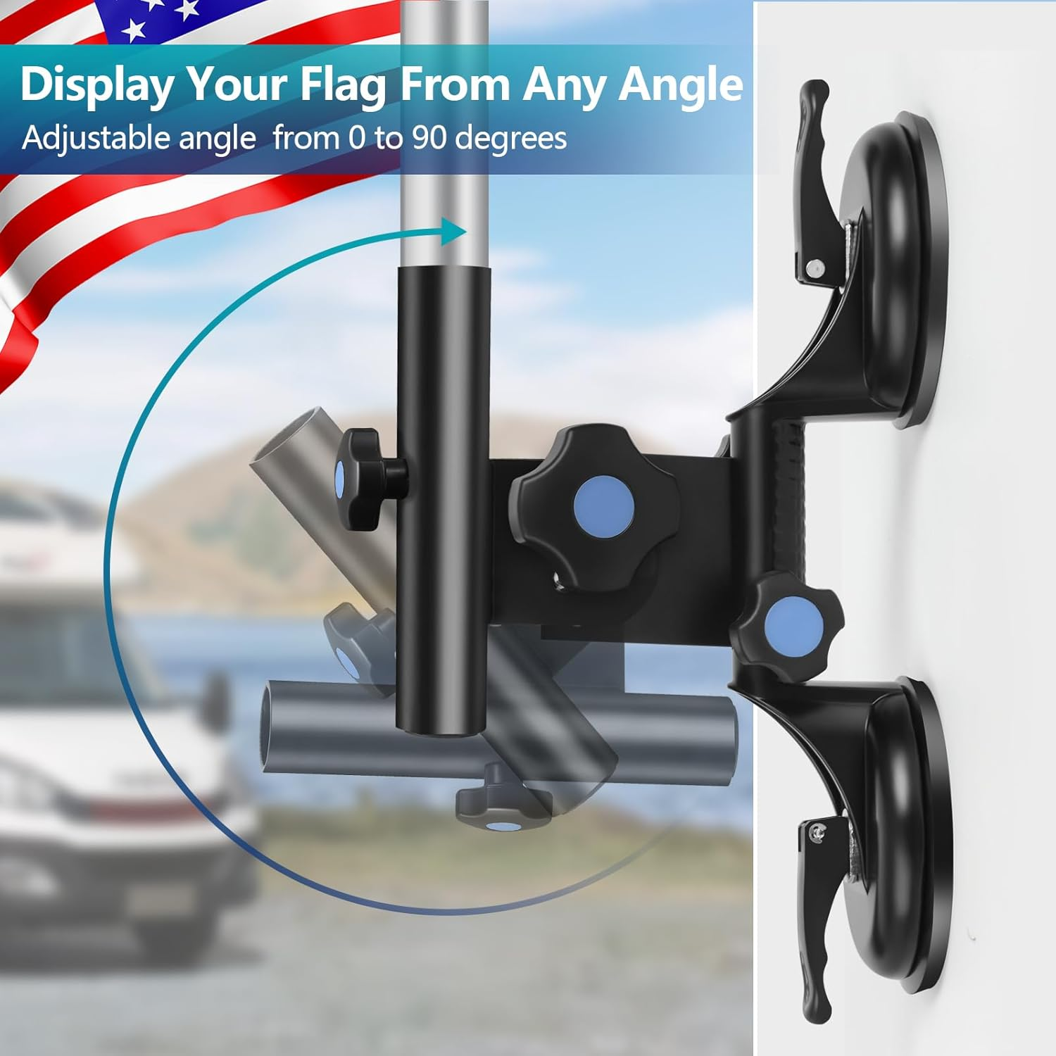 Suction Cup Flag Holder for RV - Heavy Duty Flagpole Mount Kit with Angle Adjustable Quick Release for Campers, Trucks & Boats