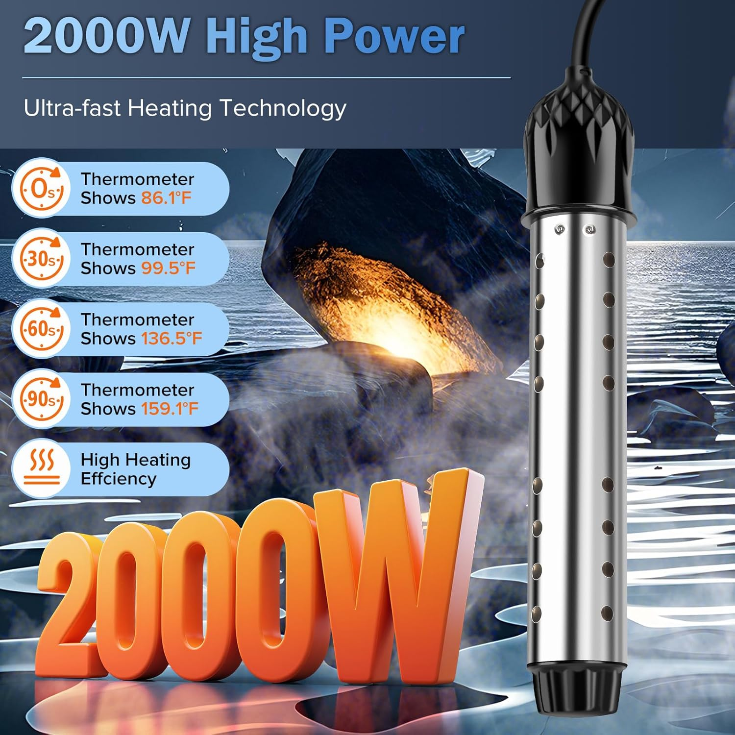 2000W Portable Immersion Water Heater with Digital Thermometer | Pool & Bathtub Heater | Fast Heating for Small Pools & Tanks