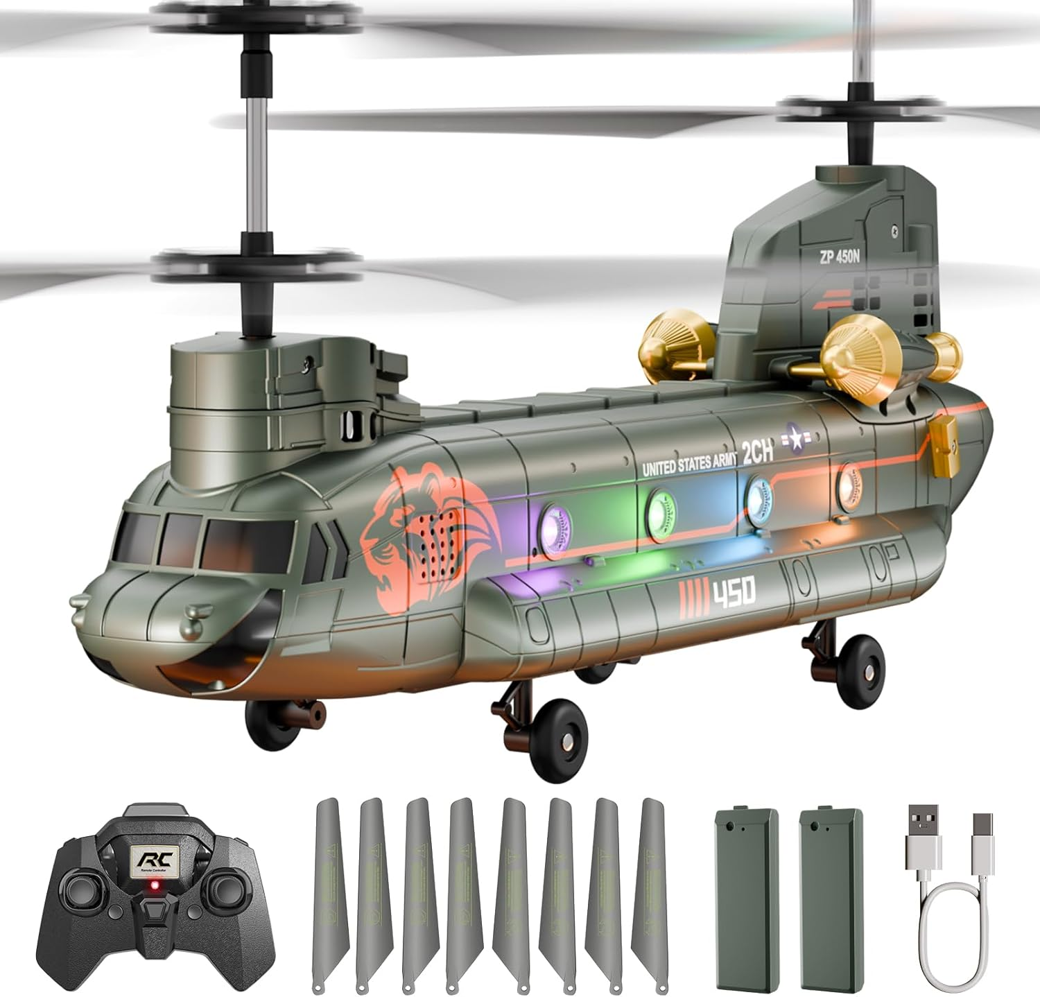 RC Helicopter with Altitude Hold for Kids & Adults | Military Transport Army Helicopter with LED Lights & One-Key Takeoff