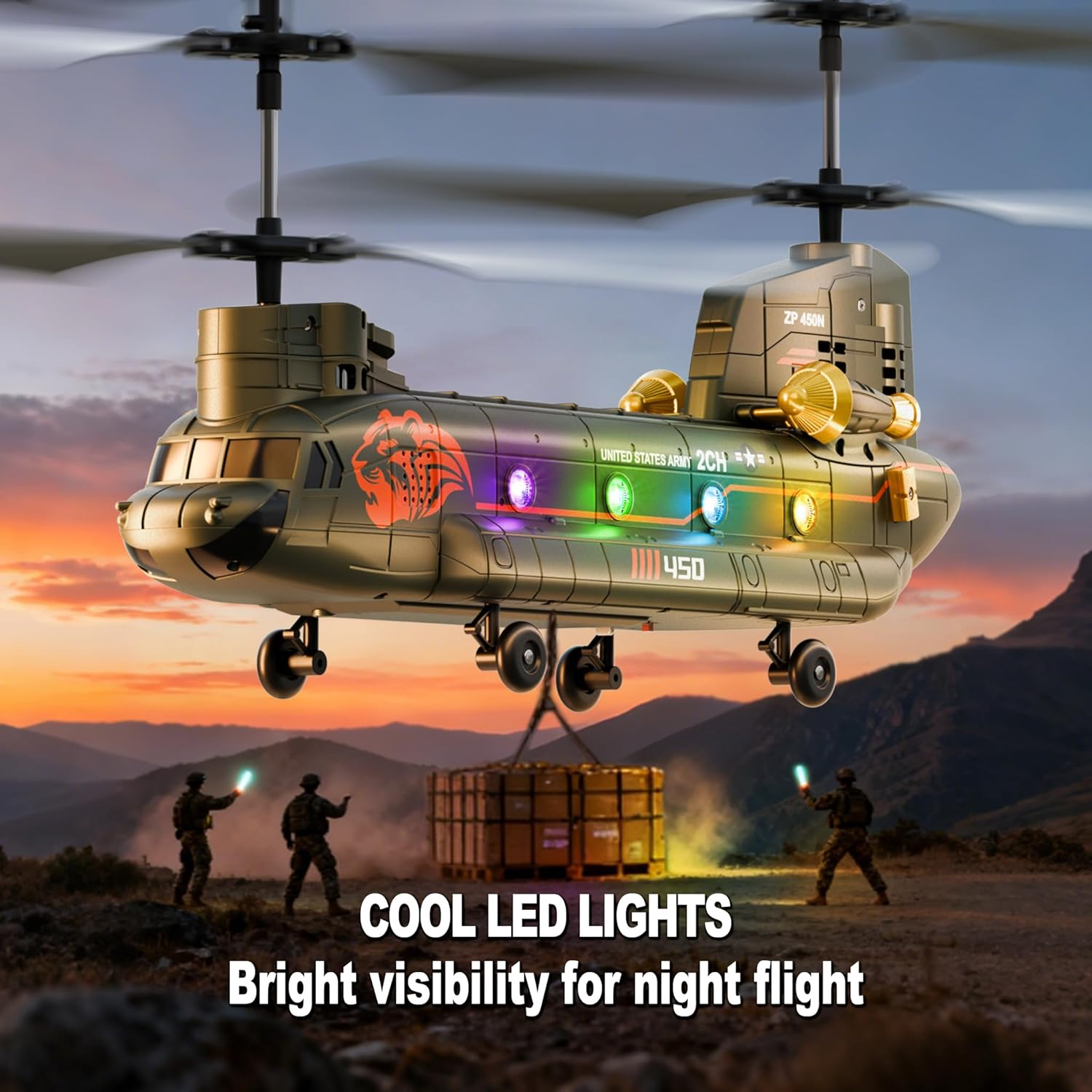 RC Helicopter with Altitude Hold for Kids & Adults | Military Transport Army Helicopter with LED Lights & One-Key Takeoff