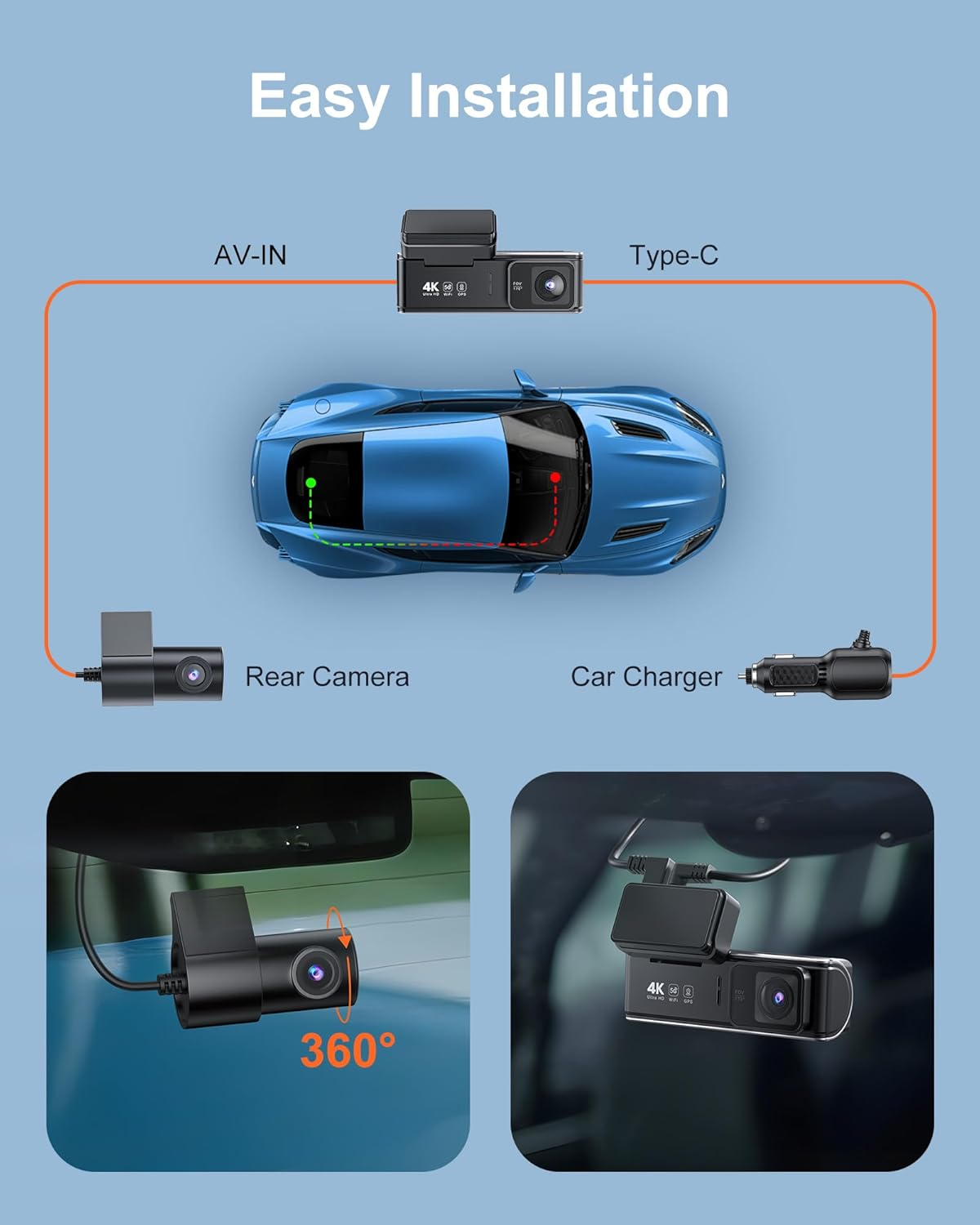 4K Dash Cam Front and Rear - Dual Camera with WiFi GPS, 24Hr Parking Mode, Night Vision, 170° Wide Angle