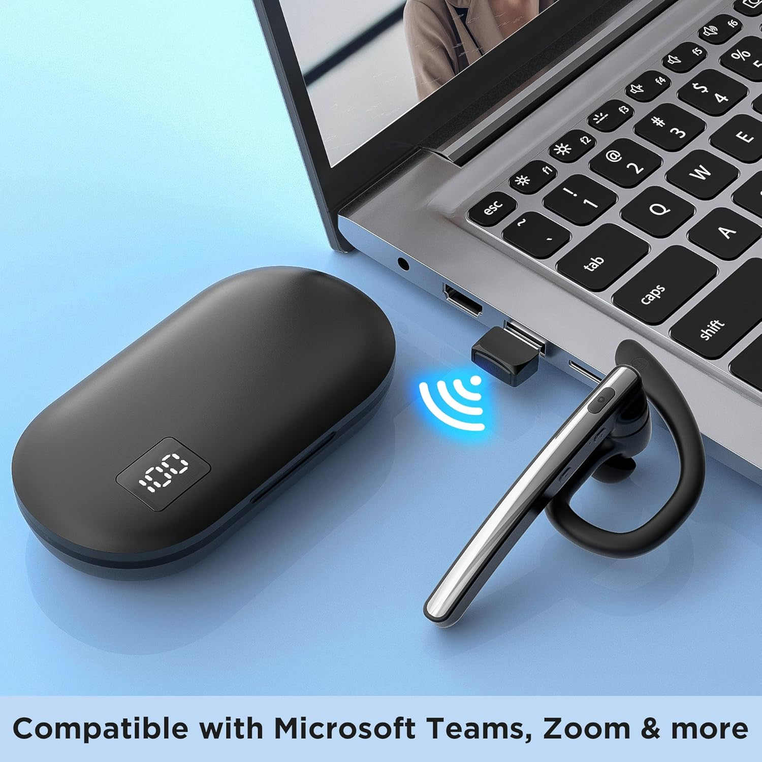 Bluetooth 5.3 Headset with 600mAh Charging Case - 110H Playtime Wireless Earpiece for Trucker Office Work