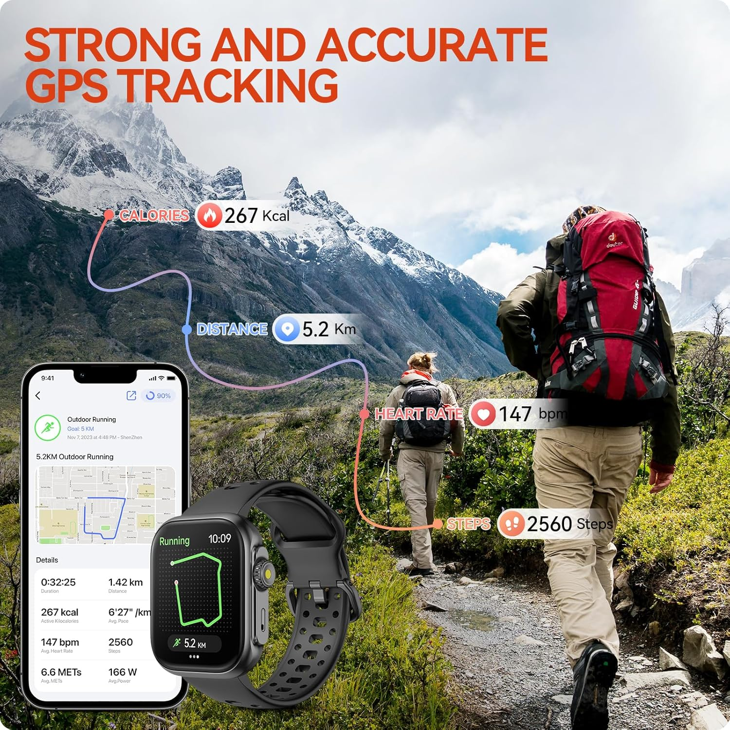 Smart Watch with GPS & Bluetooth Calling - Alexa Built-In, 3ATM Waterproof Fitness Tracker, Large Display for Android & iPhone - Black