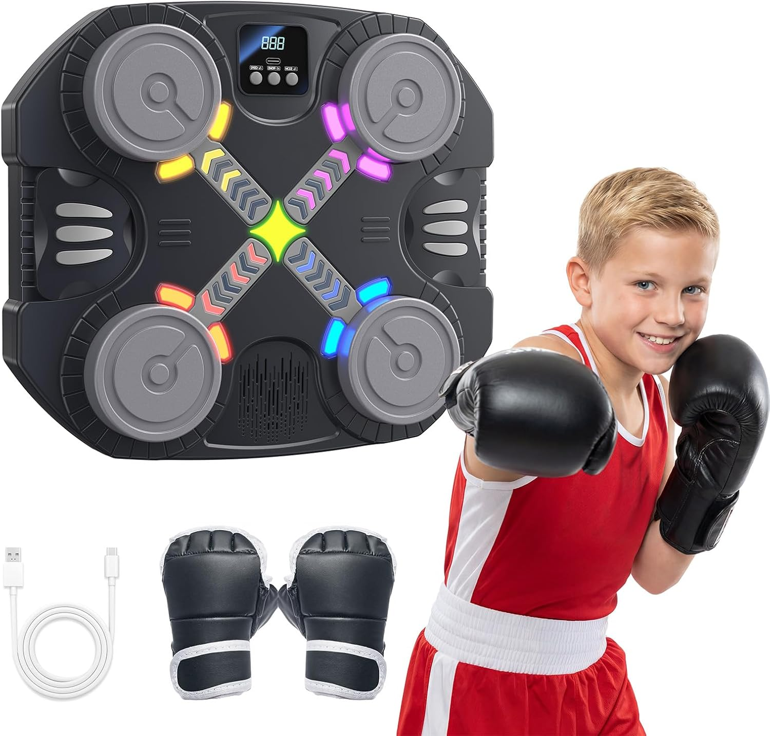 Music Boxing Machine for Kids - Wall Mounted Punching Target with LED Lights & Boxing Gloves for Ages 3-16