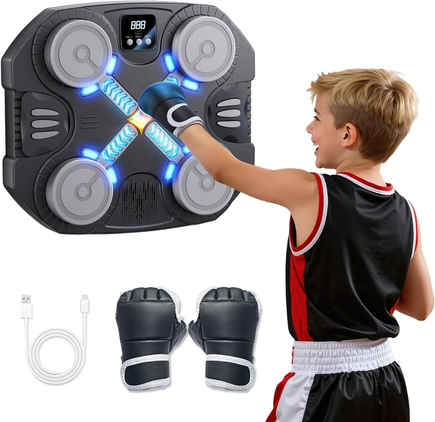 Music Boxing Machine for Kids - Wall Mounted Punching Target with LED Lights & Boxing Gloves for Ages 3-16