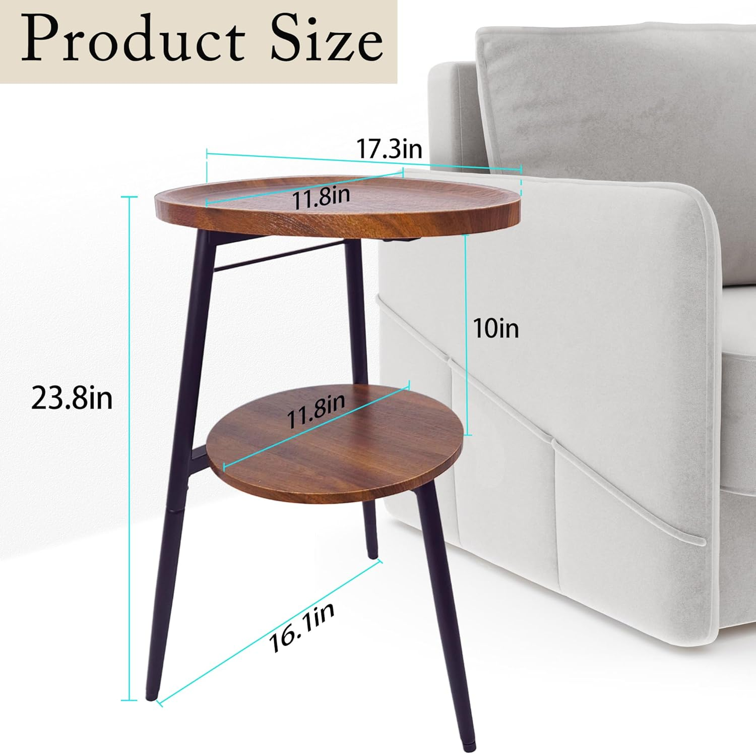 Small Oval Side Table with 2 Tier Storage - Rustic Brown Wood End Table with Metal Frame for Living Room, Bedroom & Small Spaces