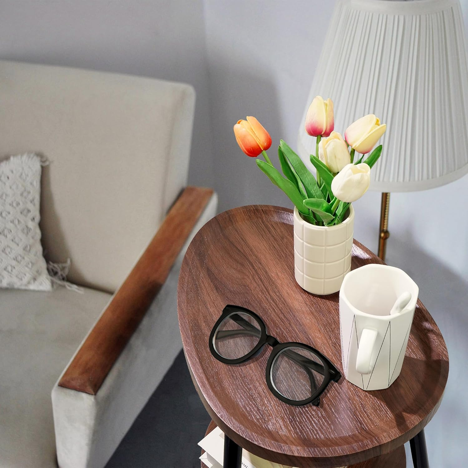 Small Oval Side Table with 2 Tier Storage - Rustic Brown Wood End Table with Metal Frame for Living Room, Bedroom & Small Spaces