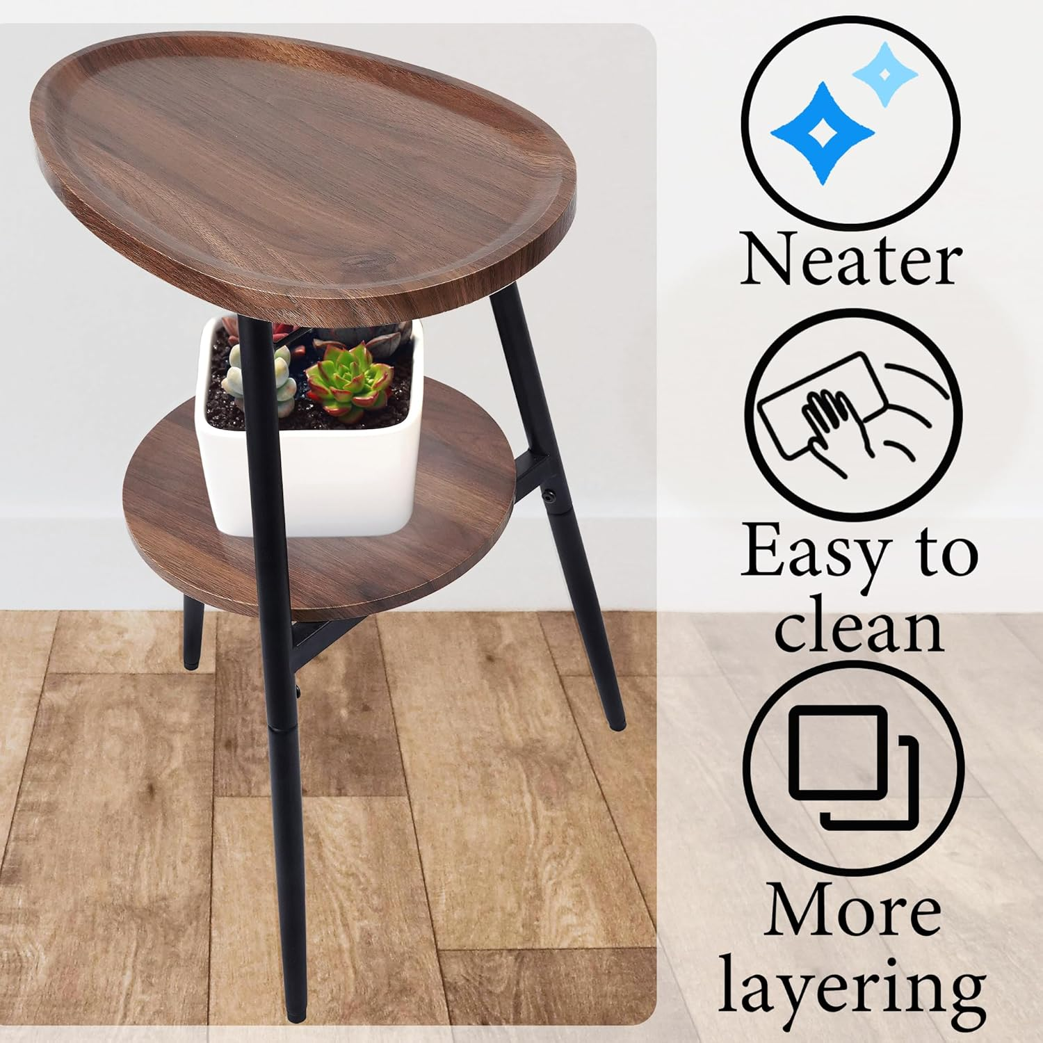 Small Oval Side Table with 2 Tier Storage - Rustic Brown Wood End Table with Metal Frame for Living Room, Bedroom & Small Spaces
