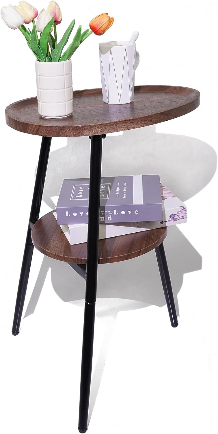 Small Oval Side Table with 2 Tier Storage - Rustic Brown Wood End Table with Metal Frame for Living Room, Bedroom & Small Spaces