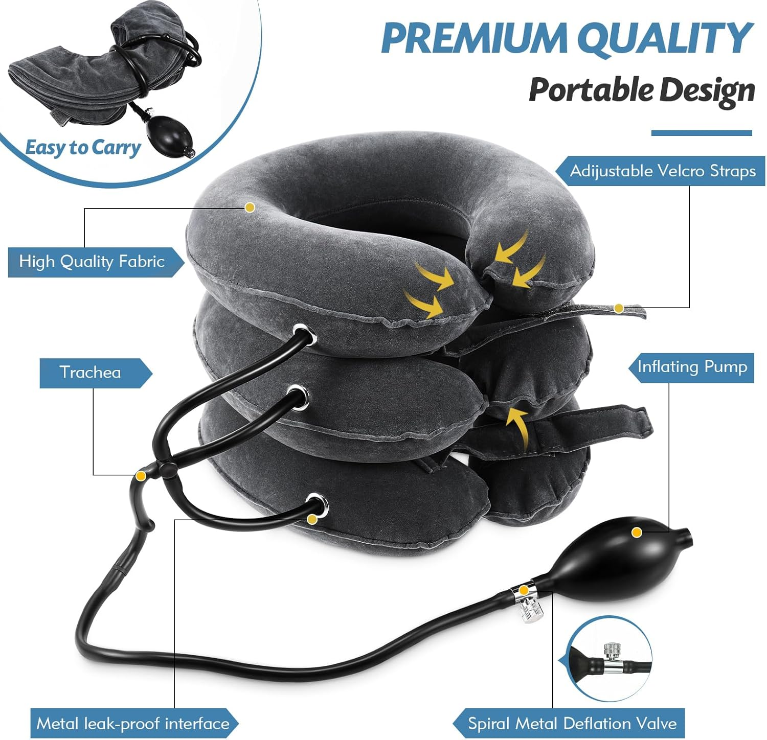 Neck Stretcher Cervical Traction Device - Adjustable Inflatable Neck Brace for Neck Pain Relief & Decompression at Home (Dark Gray)