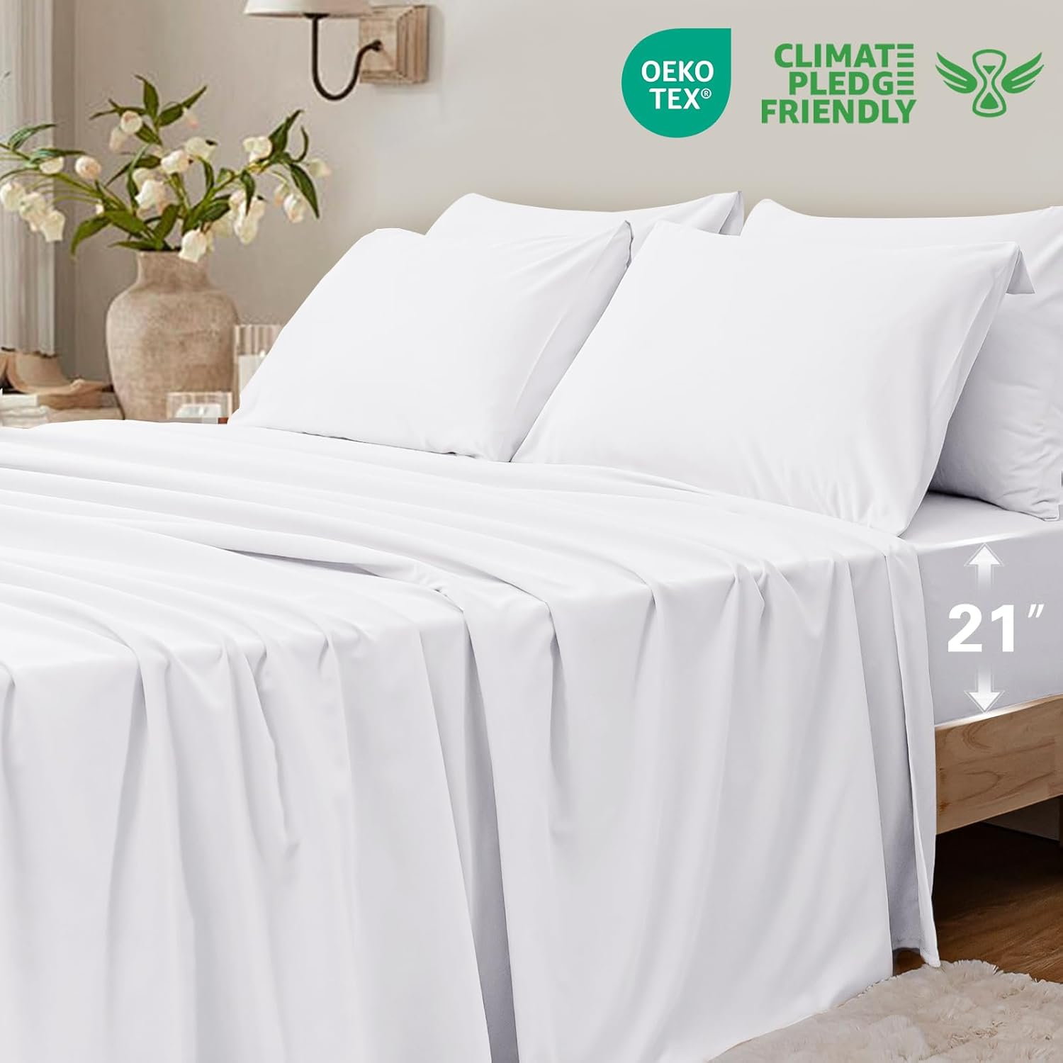 6 Piece Queen Sheet Set - Breathable & Cooling Bedding with 18-24 Inch Deep Pockets, 1 Flat & 1 Fitted Sheet, 4 Pillowcases (Queen, White)