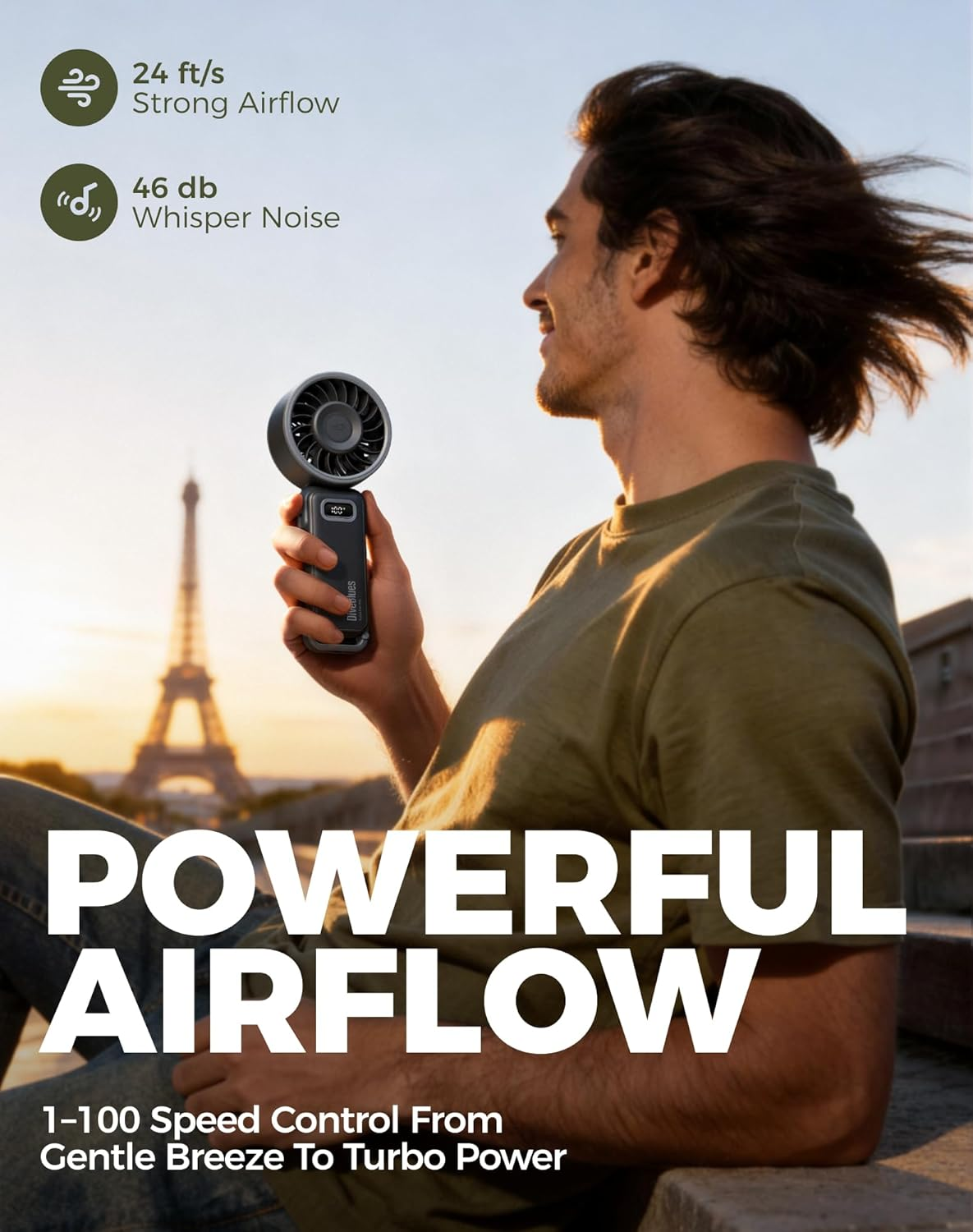 Portable Turbo Fan with 100 Speed Settings - Foldable 4-in-1 Handheld, Neck & Desk Fan, USB-C Rechargeable, Lightweight for Summer, Concerts, Travel & Outdoor Use