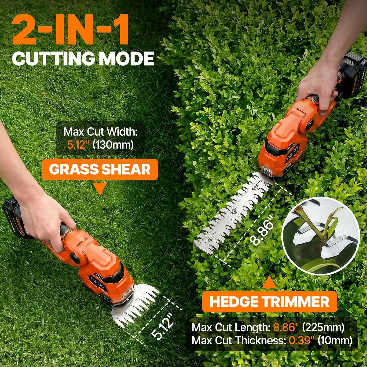 Cordless Hedge Trimmer 2-in-1 Dual 21V Battery 8.9" Blade