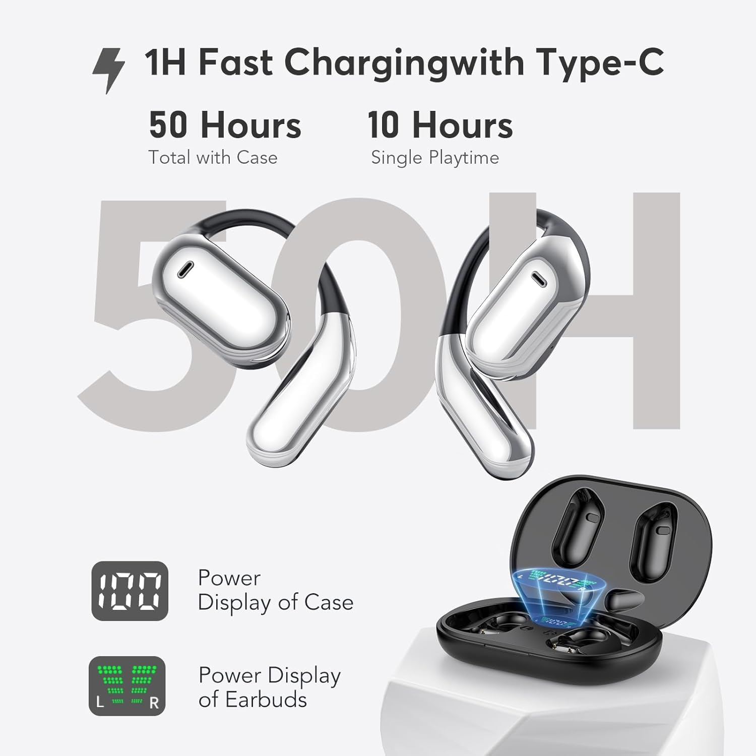 Open Ear Bluetooth 5.4 Earbuds 50H IPX7 Waterproof Black