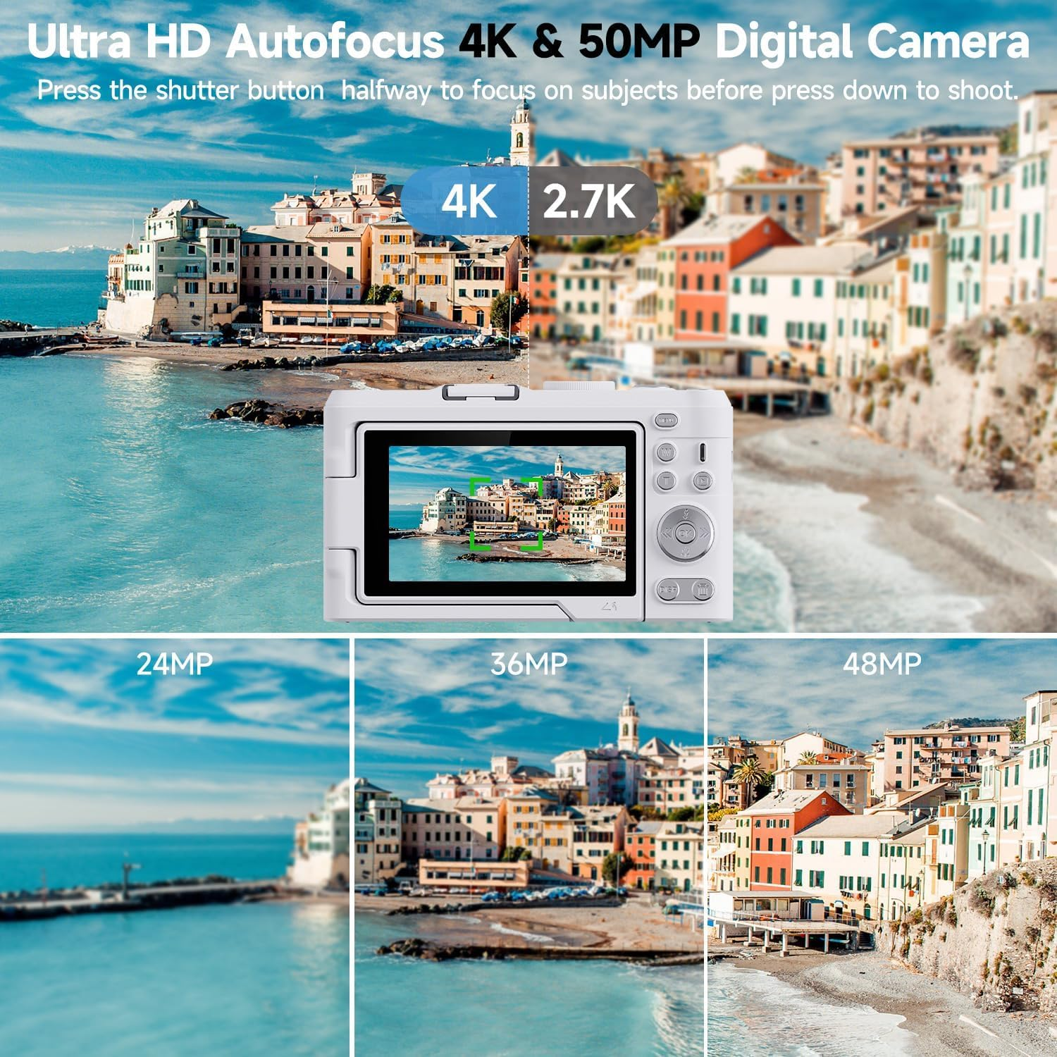 Digital Camera 4K 50MP Vlogging YouTube 64GB White