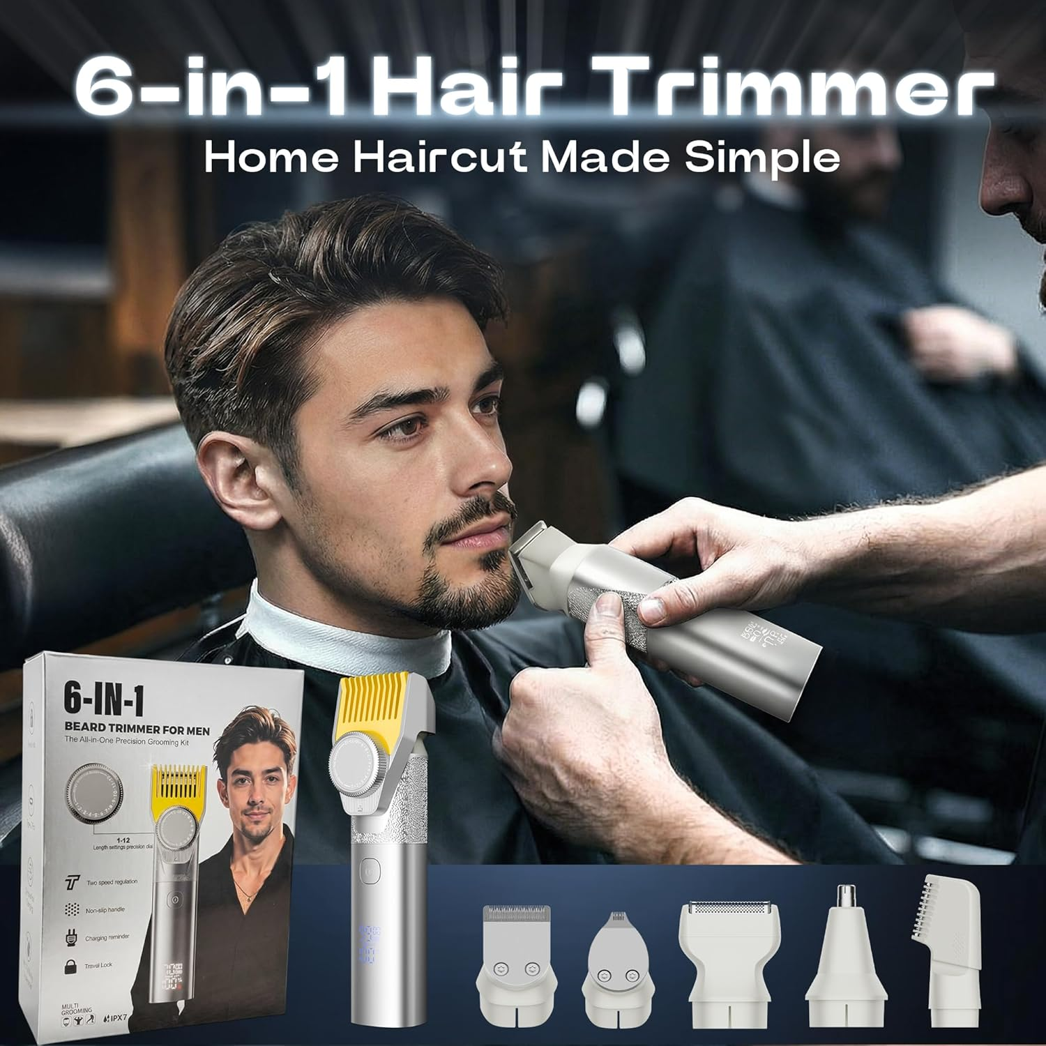 6-in-1 Beard Trimmer Men IPX7 Travel Lock 2-Speed