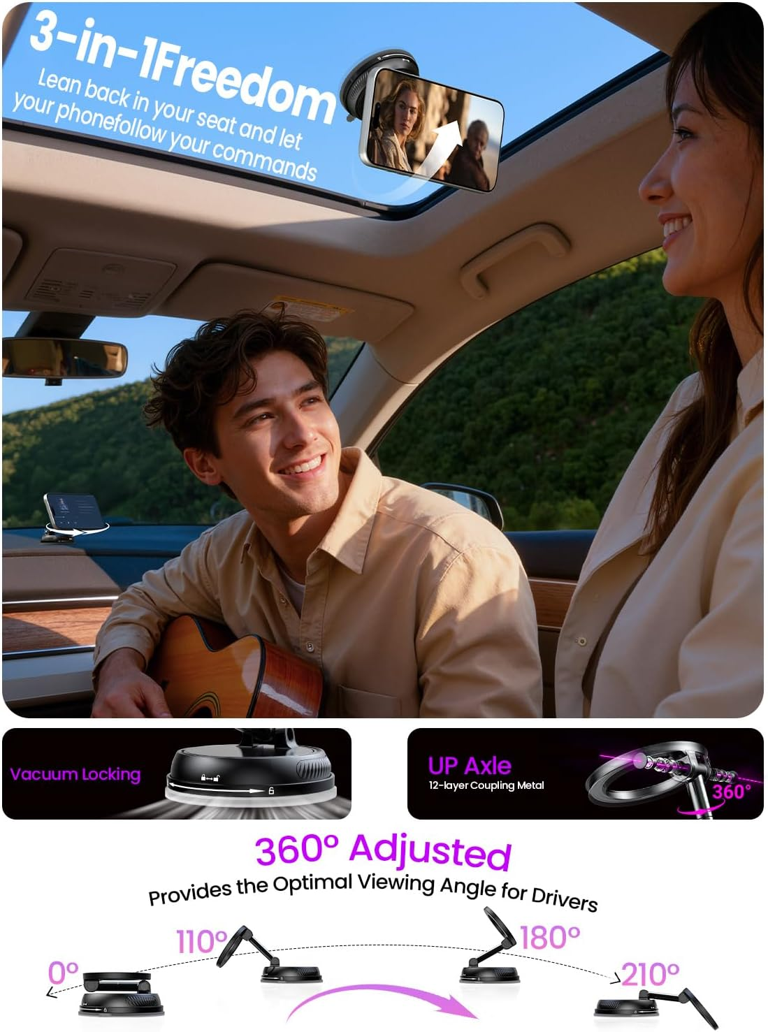 Car Phone Mount 122LB Suction 2400gf 360° Adjust