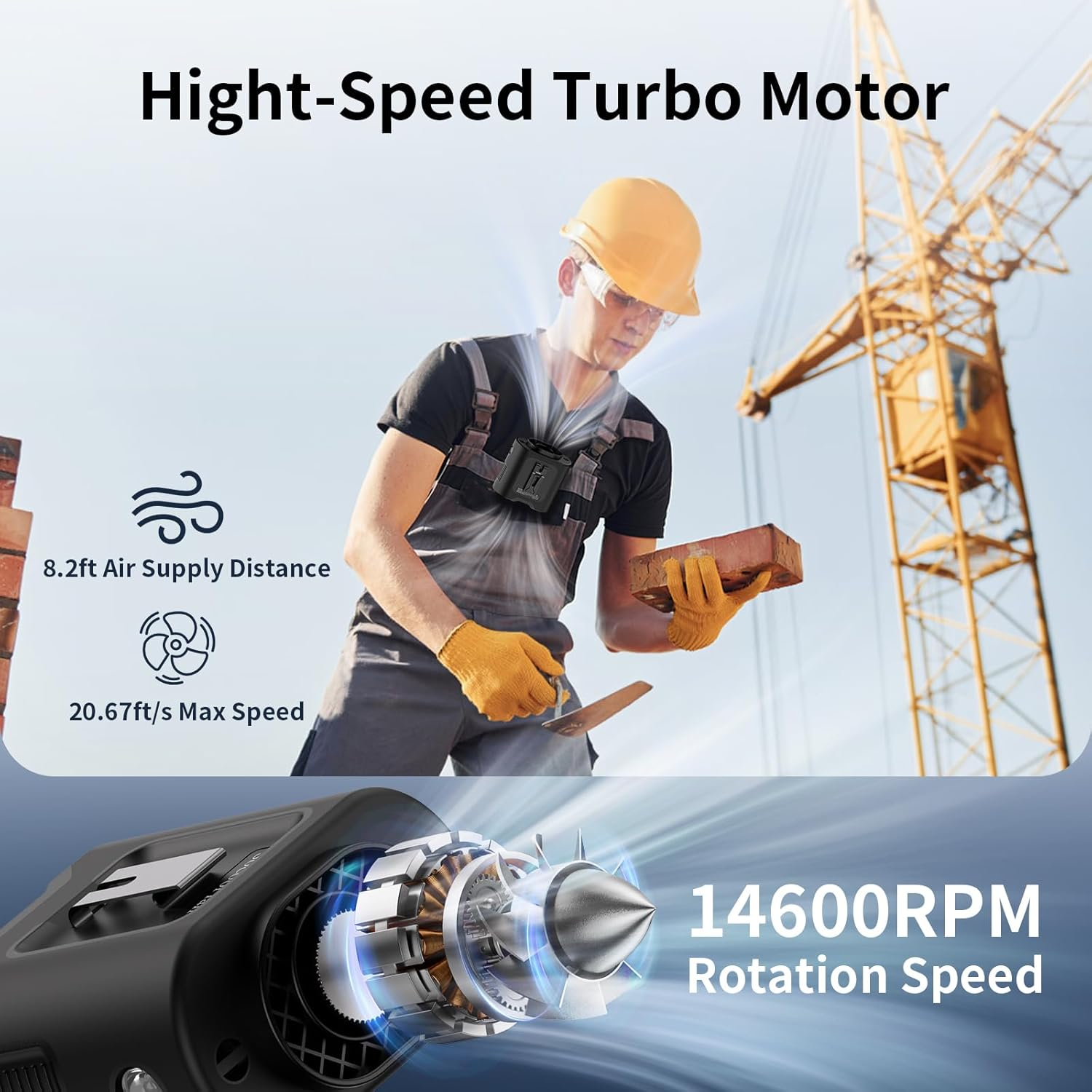 14500mAh Waist Clip Fan 67H 5-Speed 360° Wearable Light