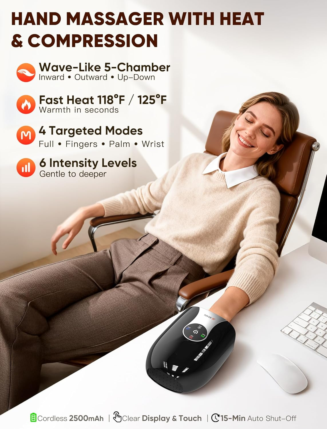 Heated Hand & Wrist Massager – 4 Modes, Cordless, Black