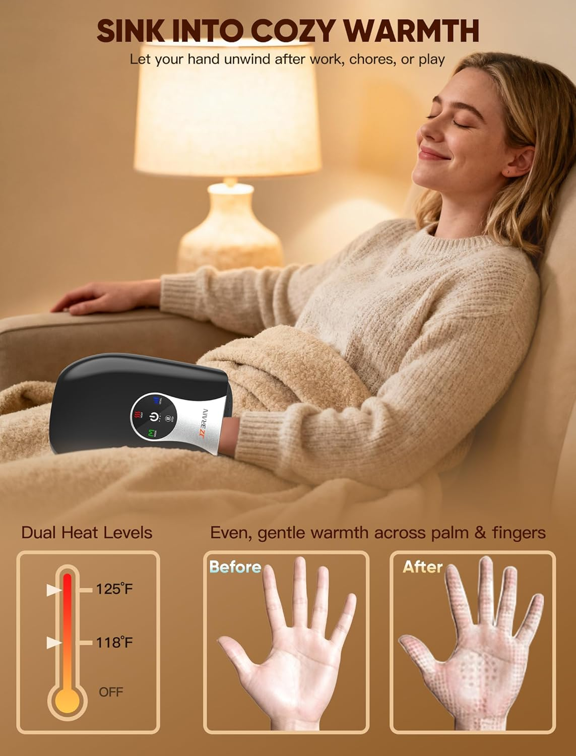 Heated Hand & Wrist Massager – 4 Modes, Cordless, Black
