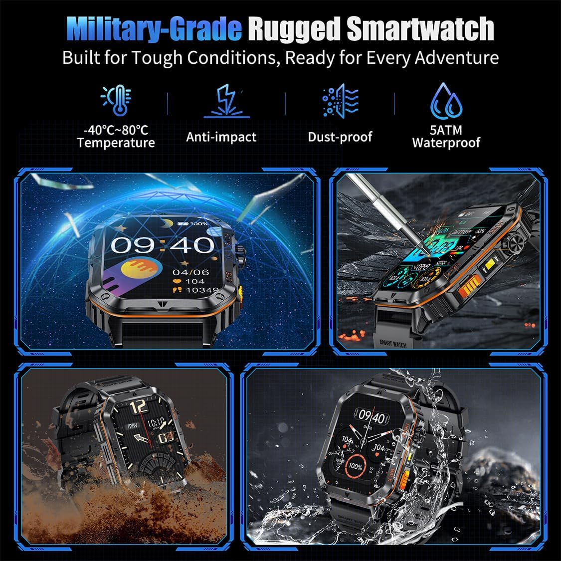 Military Smart Watch for Men – 30-Day Battery, 5ATM
