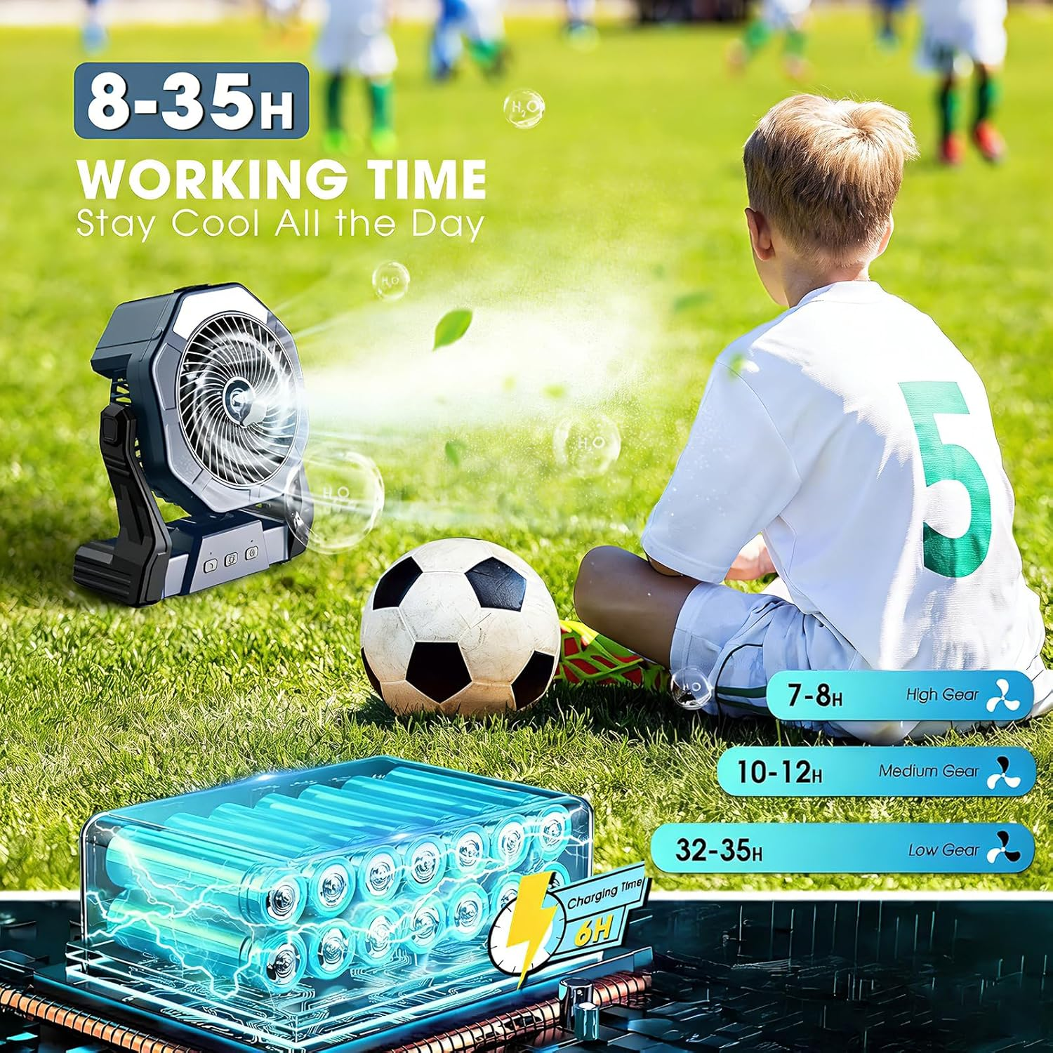 Portable Misting Fan | 35H Runtime & LED Light