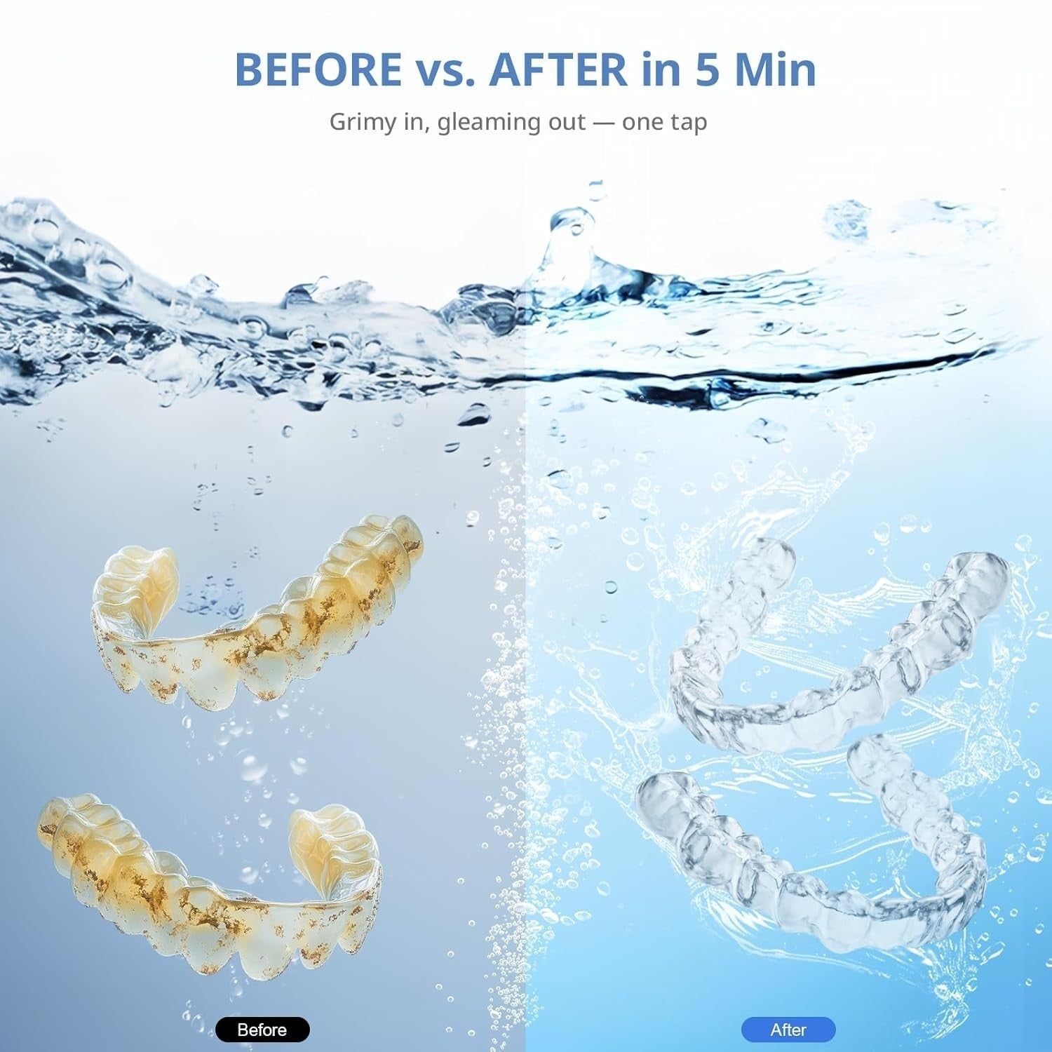 Exquisite Deal Shop Cordless Ultrasonic Retainer Cleaner Pod showing before and after cleaning of retainers.