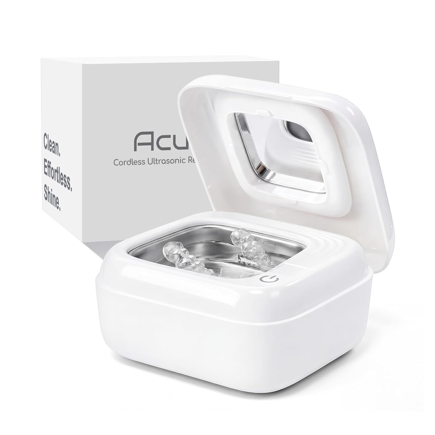 Exquisite Deal Shop white cordless ultrasonic retainer cleaner pod with built-in mirror, cleans retainers, aligners, dentures.
