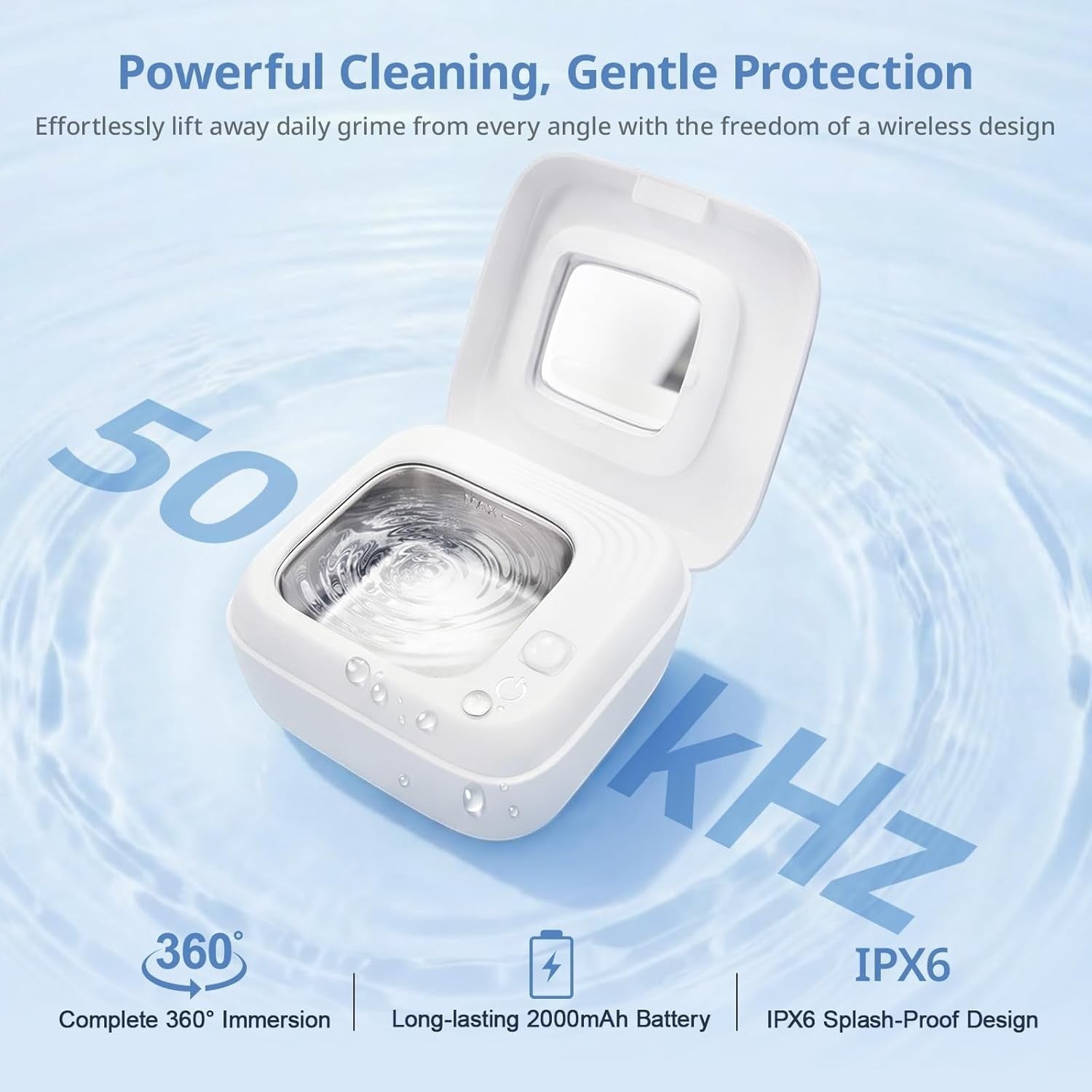 Exquisite Deal Shop white cordless ultrasonic retainer cleaner pod with built-in mirror, 50kHz cleaning.