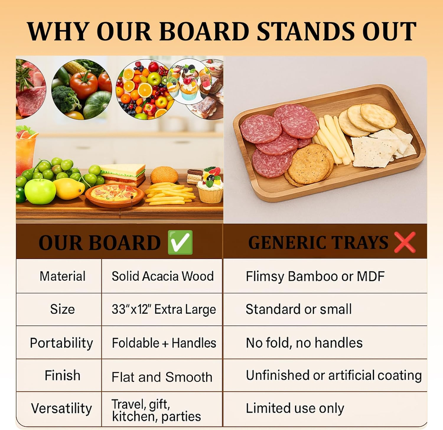 Acacia Charcuterie Board 33x12 Foldable with Handles