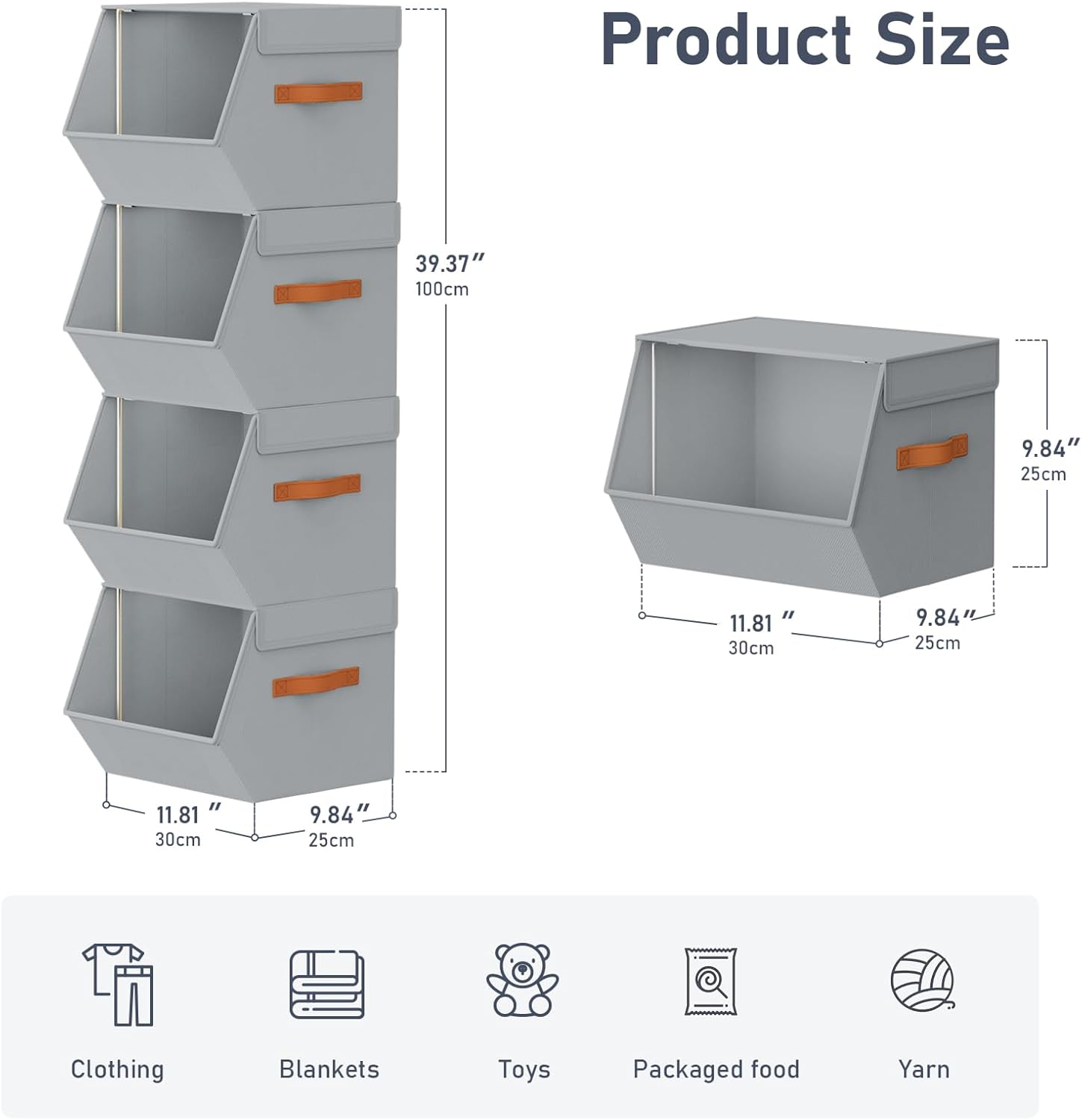 Foldable Stackable Storage Bins 4 Pack Gray