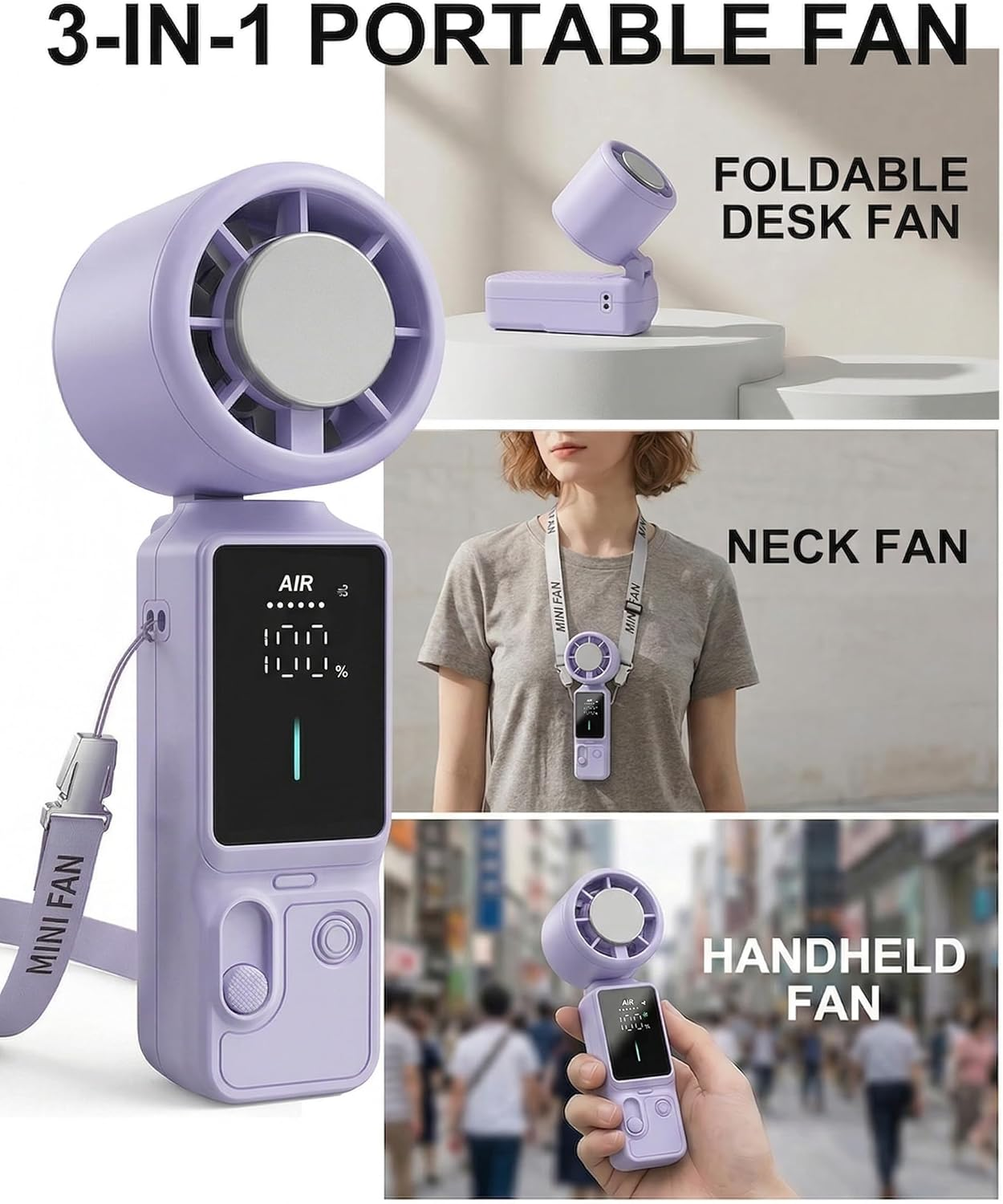 3-in-1 Wearable Handheld Fan 100-Gear Purple