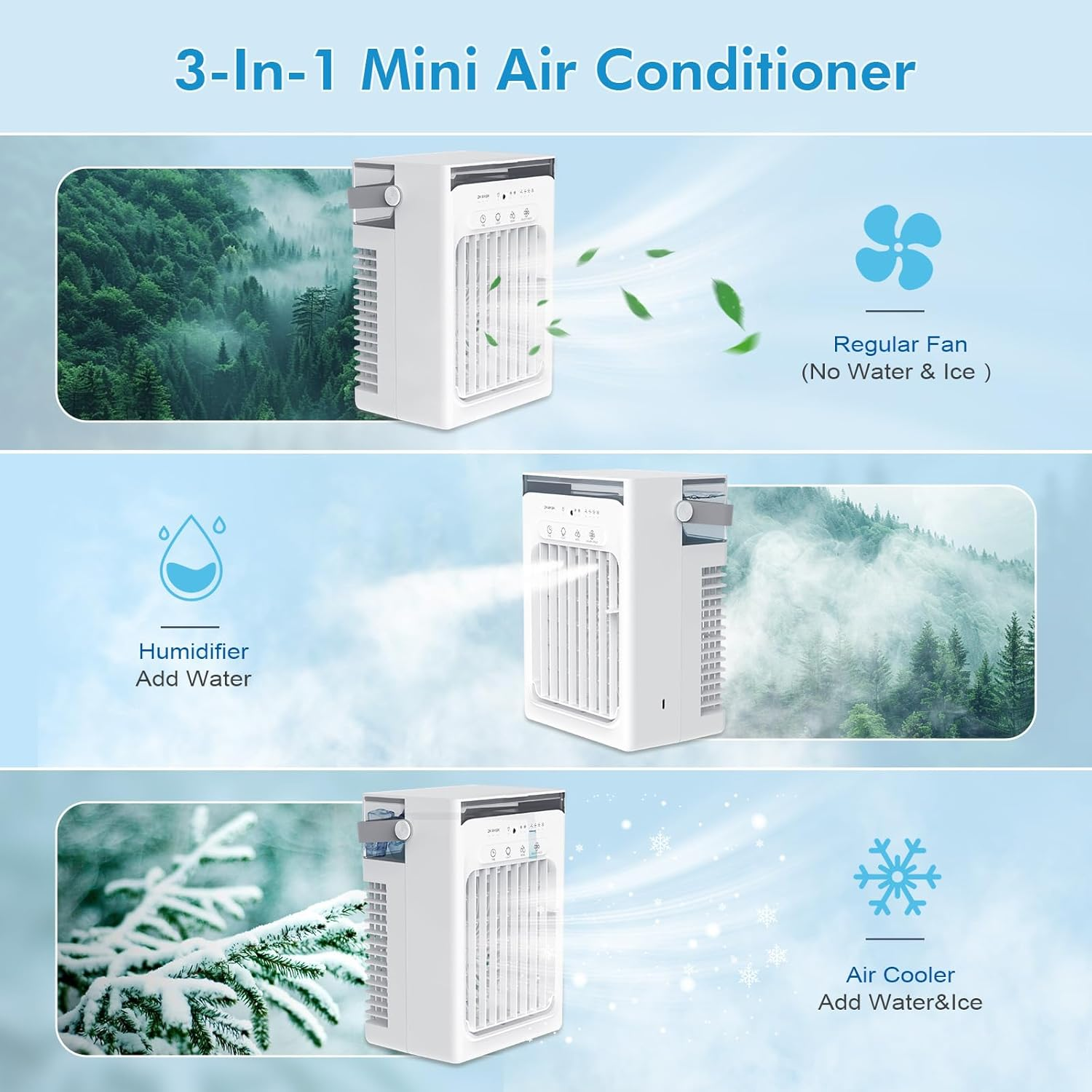 Portable Mini Air Conditioner 3-in-1 USB 1000ml Tank Timer