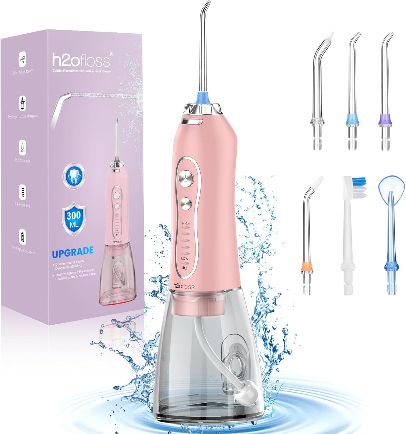 H2ofloss Cordless Water Flosser 5 Mode 300ml IPX7 Pink