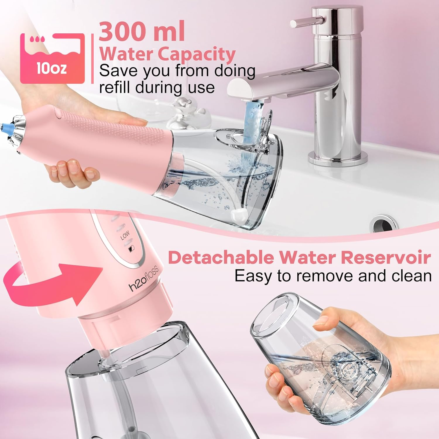 H2ofloss Cordless Water Flosser 5 Mode 300ml IPX7 Pink