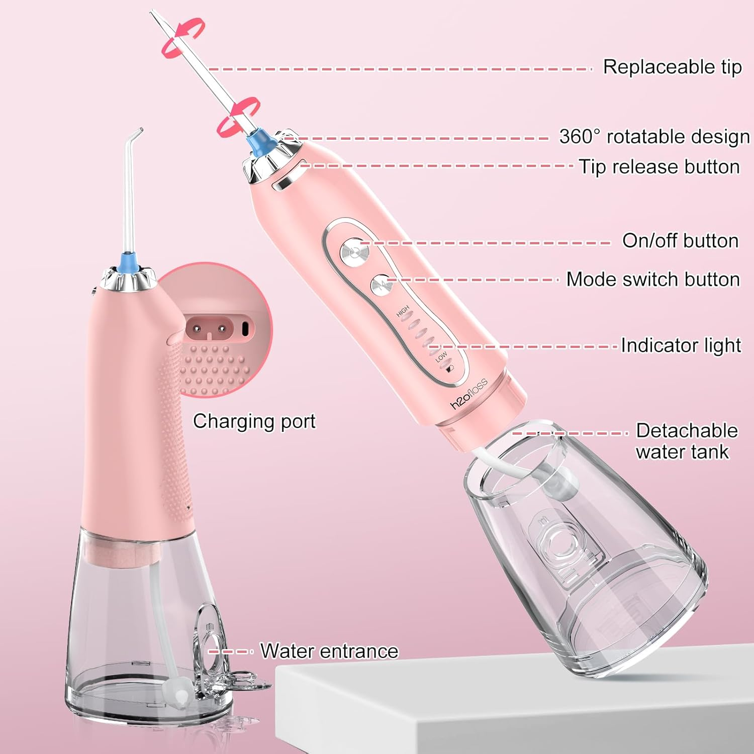 H2ofloss Cordless Water Flosser 5 Mode 300ml IPX7 Pink