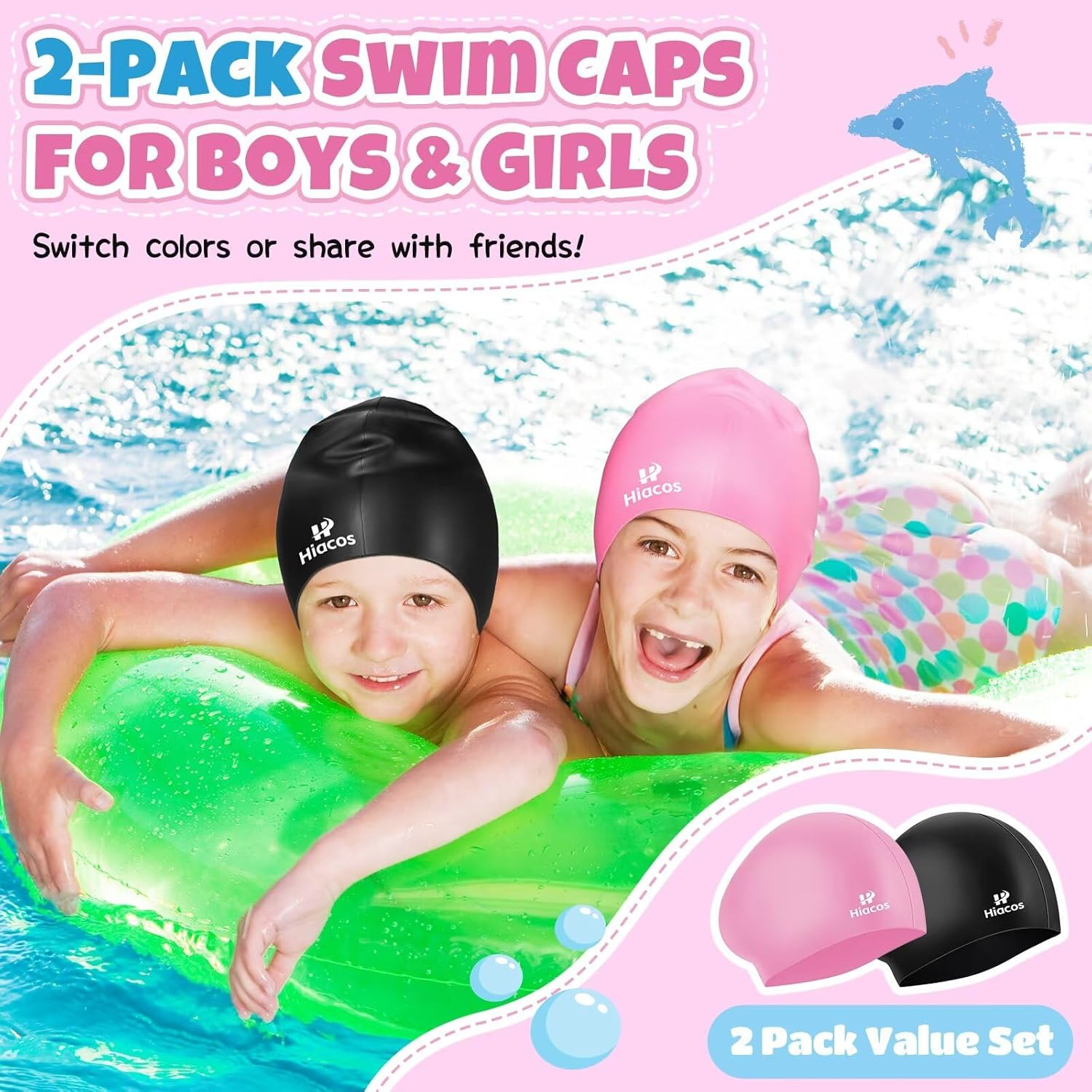 Kids Silicone Swim Cap 2 Pack 2 Size Girls Boys Long Hair