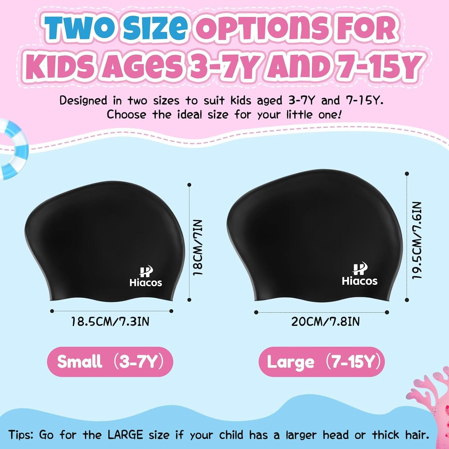 Kids Silicone Swim Cap 2 Pack 2 Size Girls Boys Long Hair