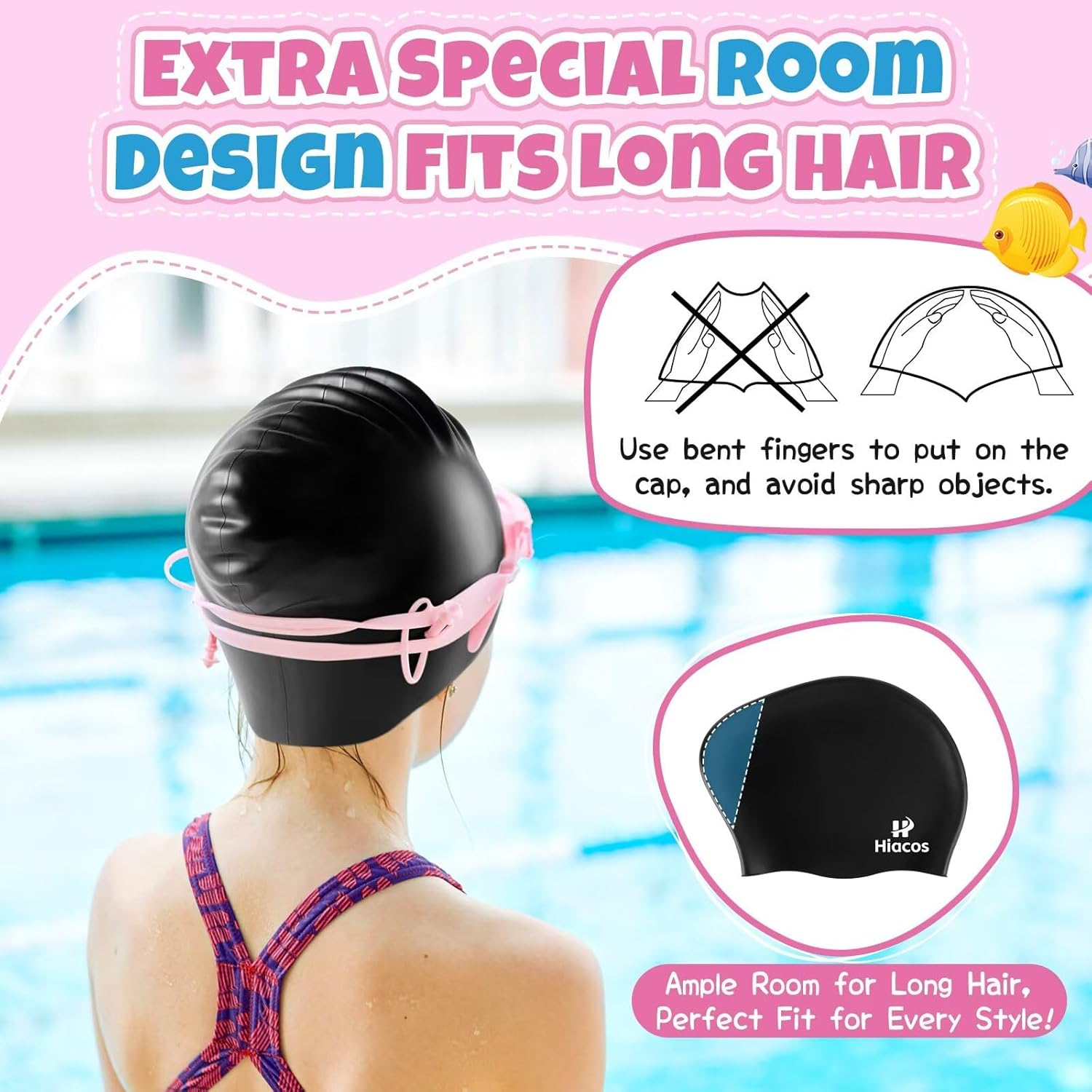 Kids Silicone Swim Cap 2 Pack 2 Size Girls Boys Long Hair