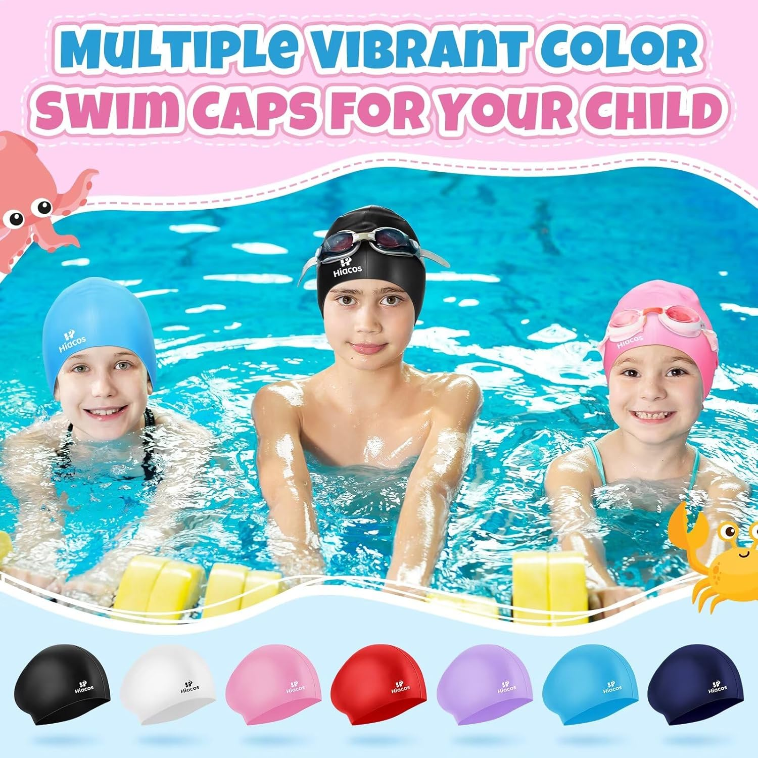 Kids Silicone Swim Cap 2 Pack 2 Size Girls Boys Long Hair