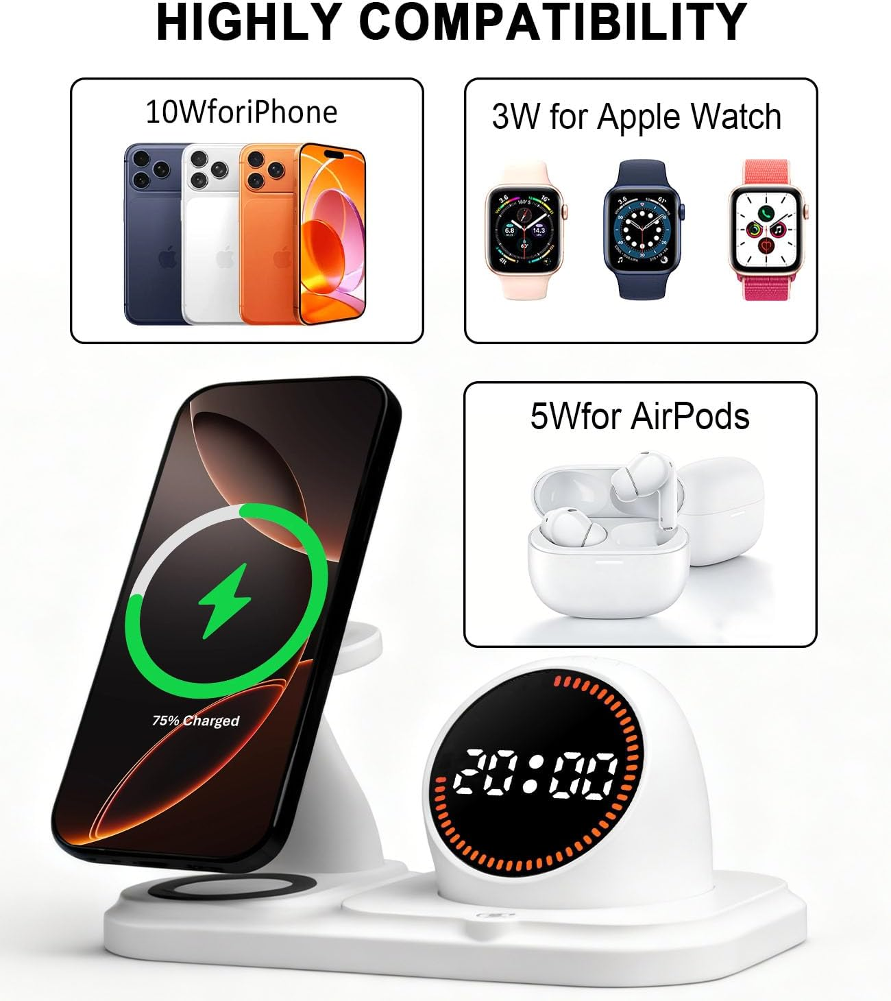 6-in-1 Wireless Charging Station Clock RGB Bluetooth Speaker